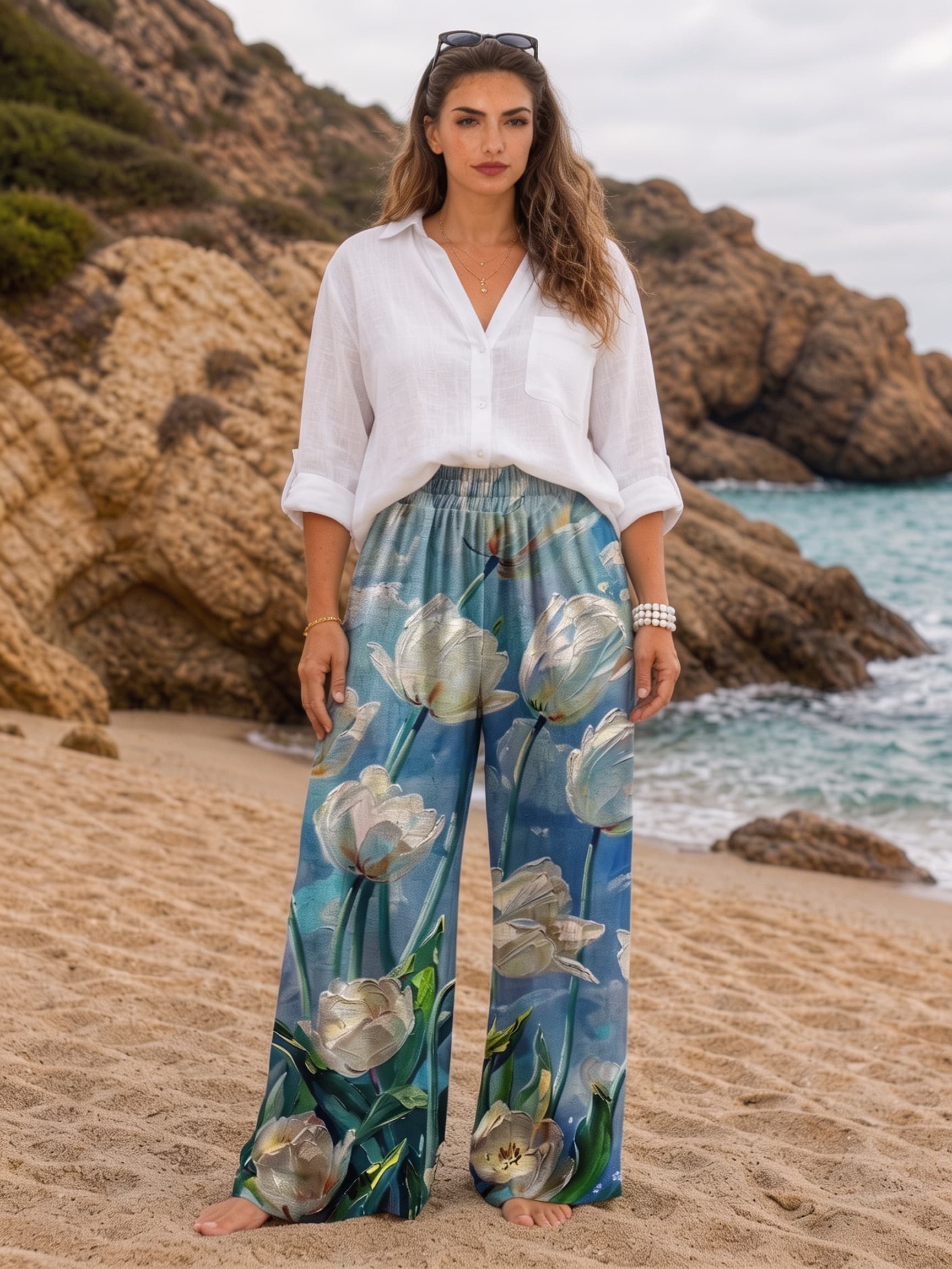 Cute Duckling Lake Print Drawstring Wide Leg Trousers