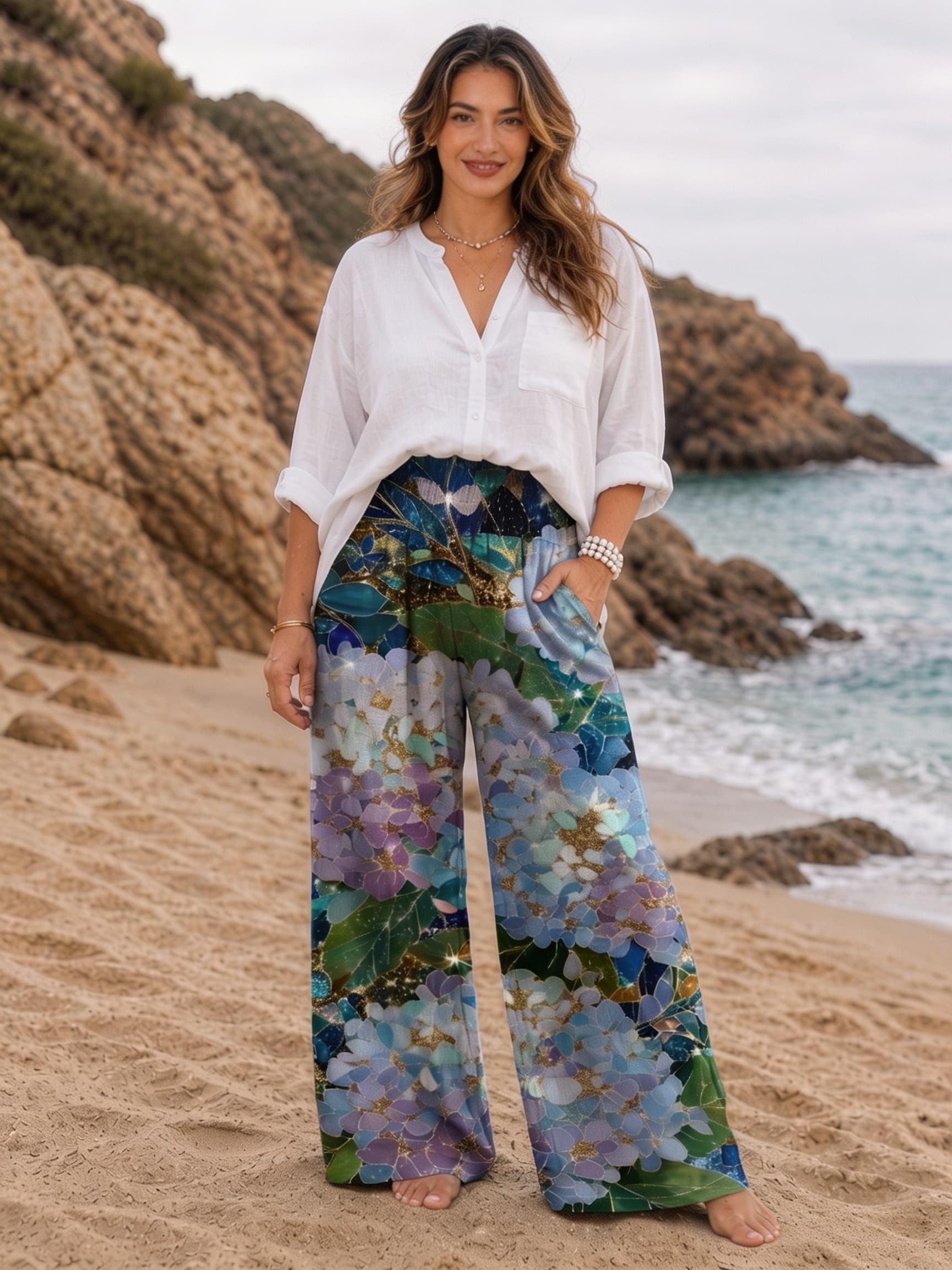 Glitter Hydrangea Stained Glass Drawstring Wide Leg Trousers