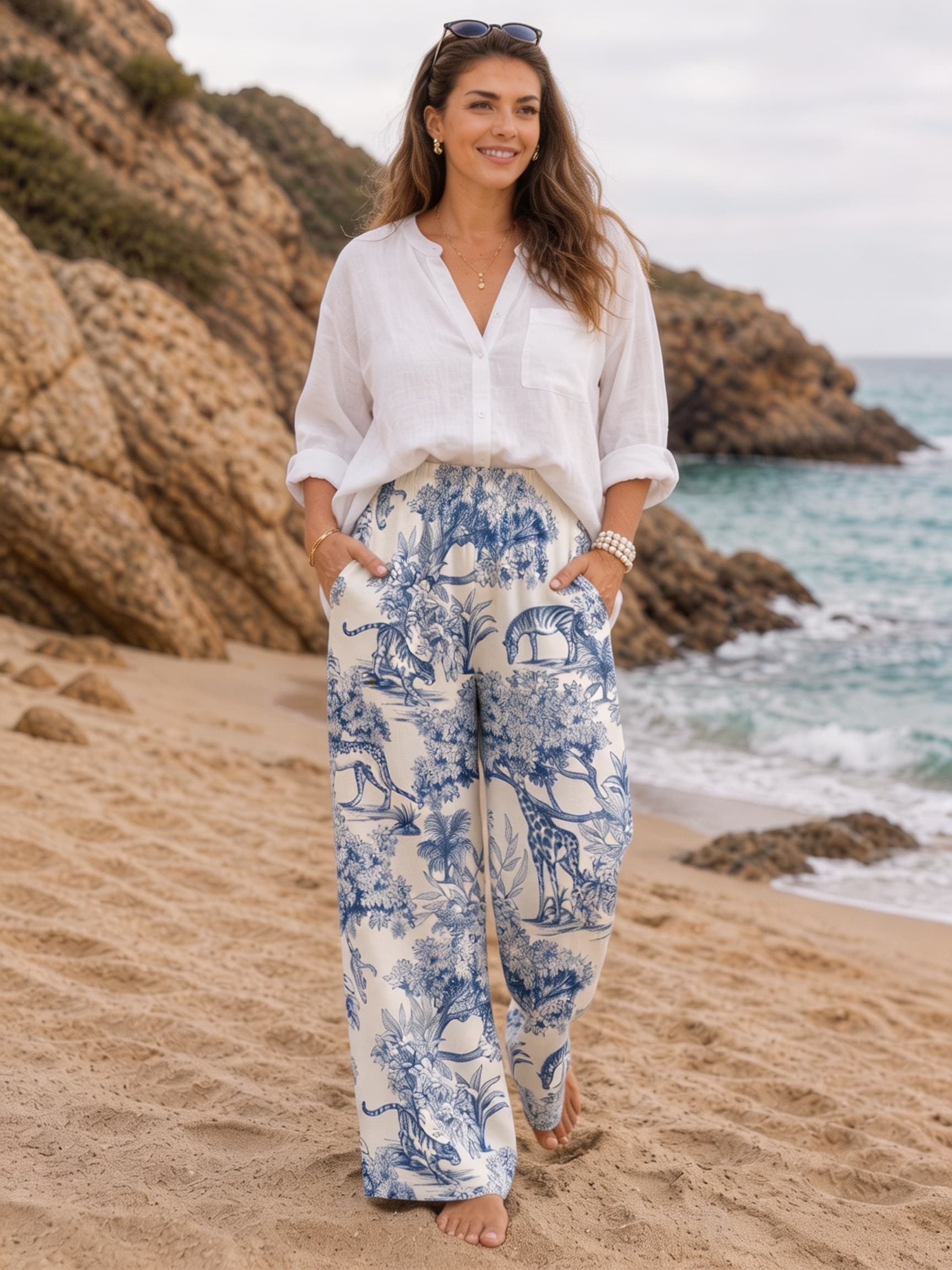 Blue Safari Animal Jungle Toile Print Drawstring Wide Leg Trousers