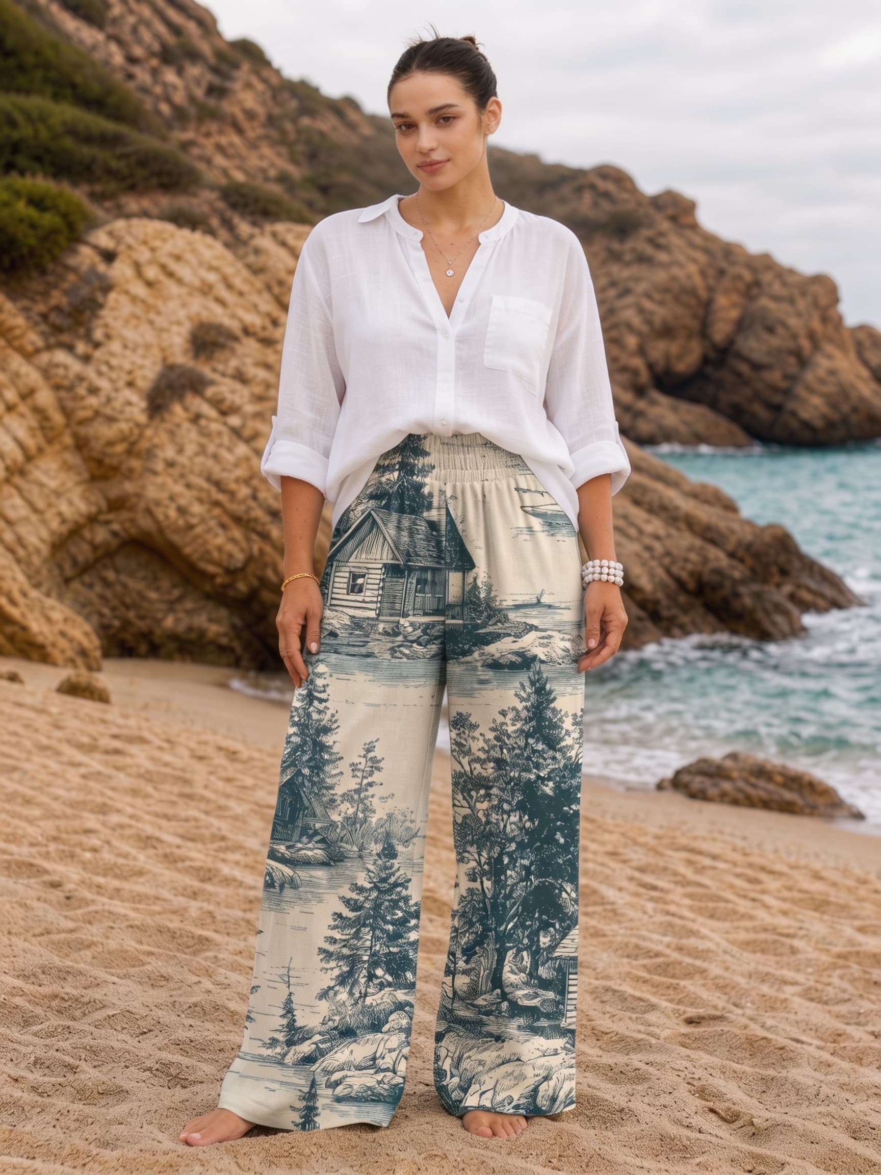Lake Cabin Forest Landscape Toile Drawstring Wide Leg Trousers