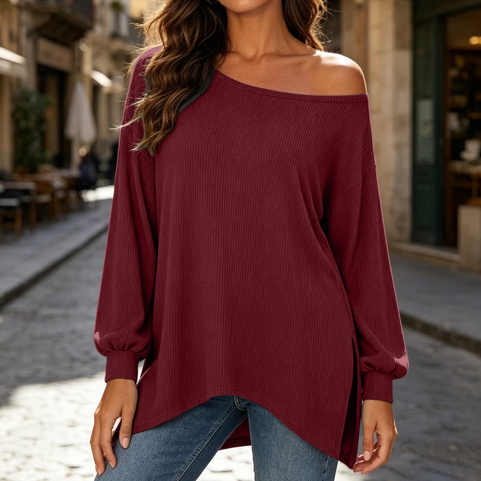 Women's Off Shoulder Lantern Sleeve Irregular Hem Long Sleeve Top