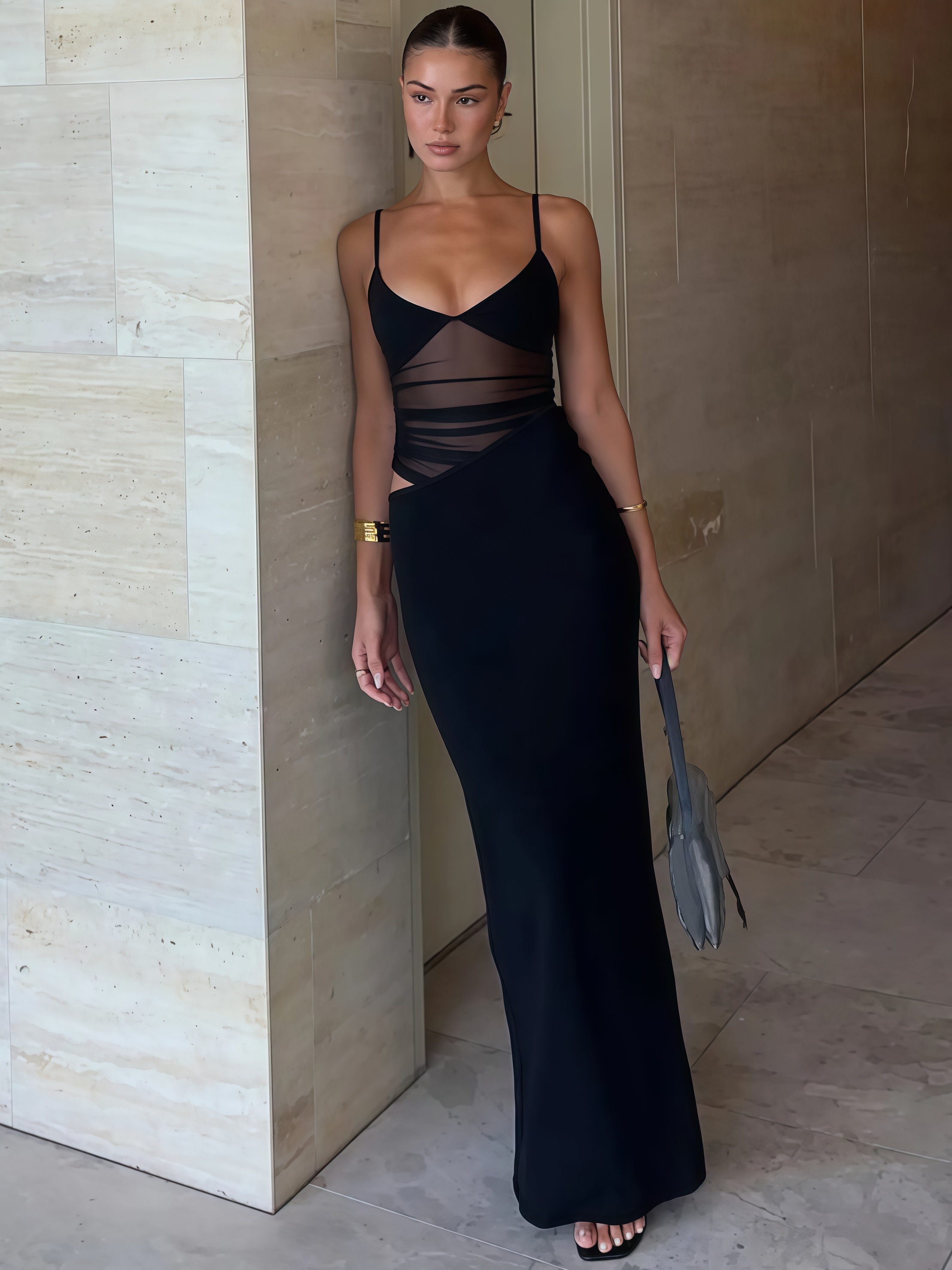Women's Cut Out Sheer Mesh Cami Dress 