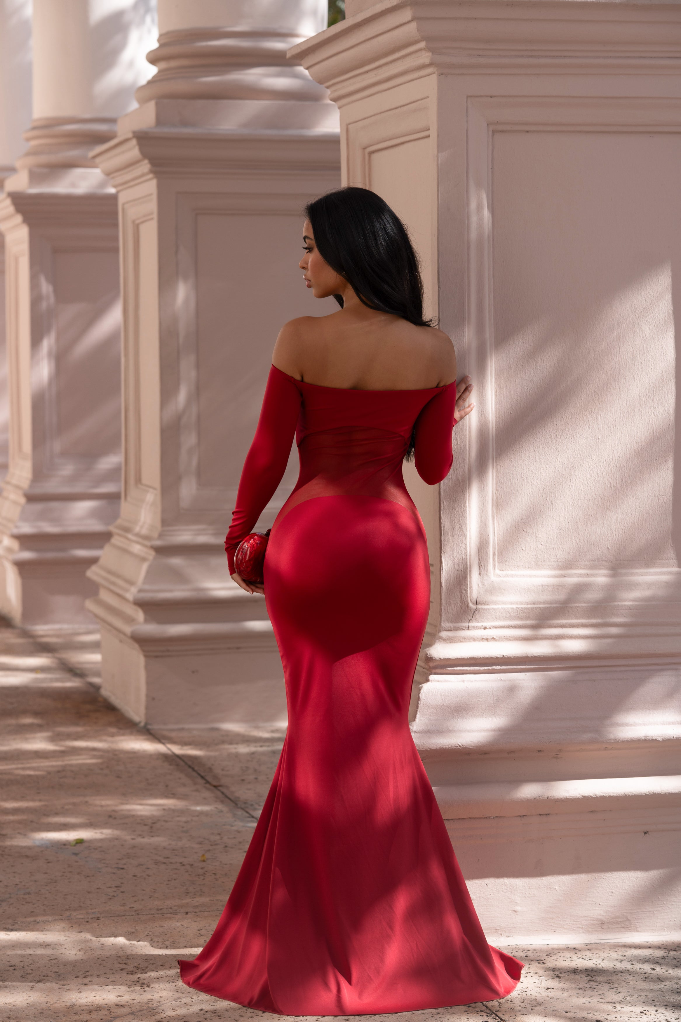 Off Shoulder Long Sleeve Mesh Cutout Mermaid Dress