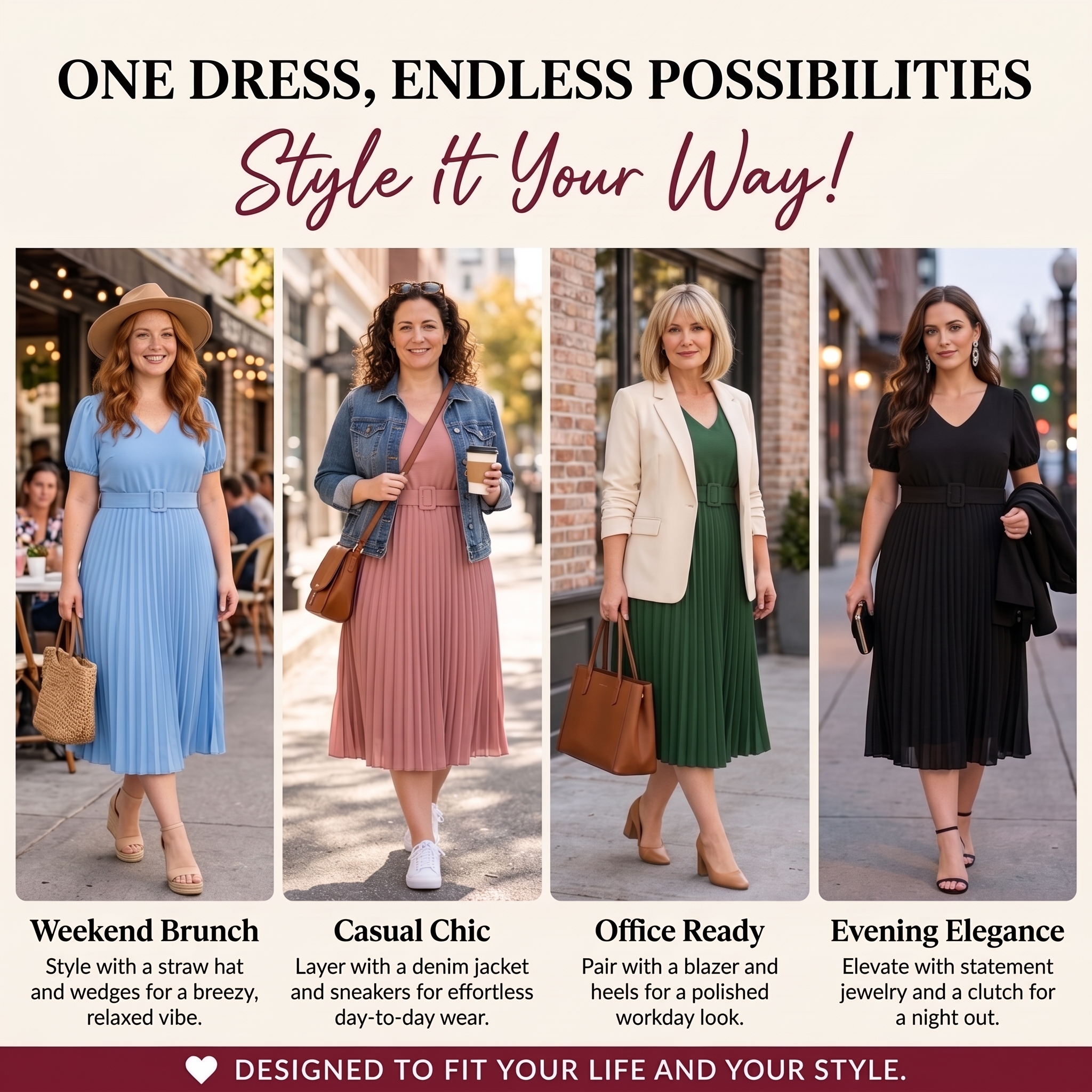 Everyday V-Neck Puff-Sleeve Belted Pleated Midi Dress