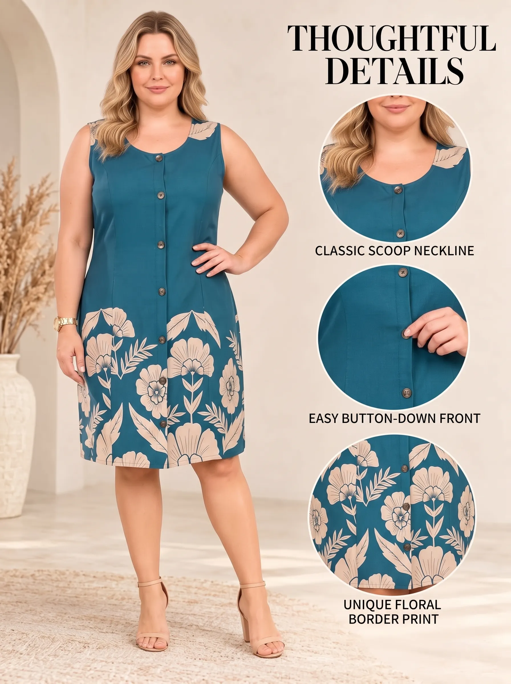 Everyday Floral Button-Front Sleeveless A-Line Dress