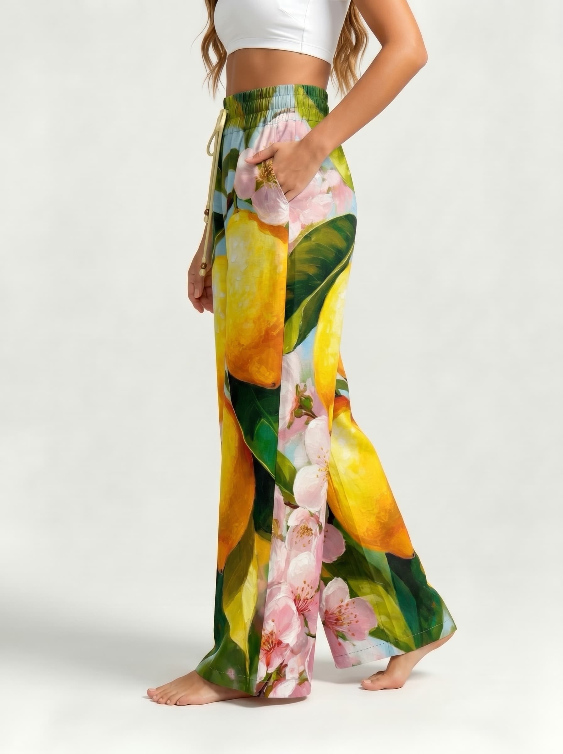 Lemon Cherry Blossom Oil Painting Drawstring Wide Leg Trousers
