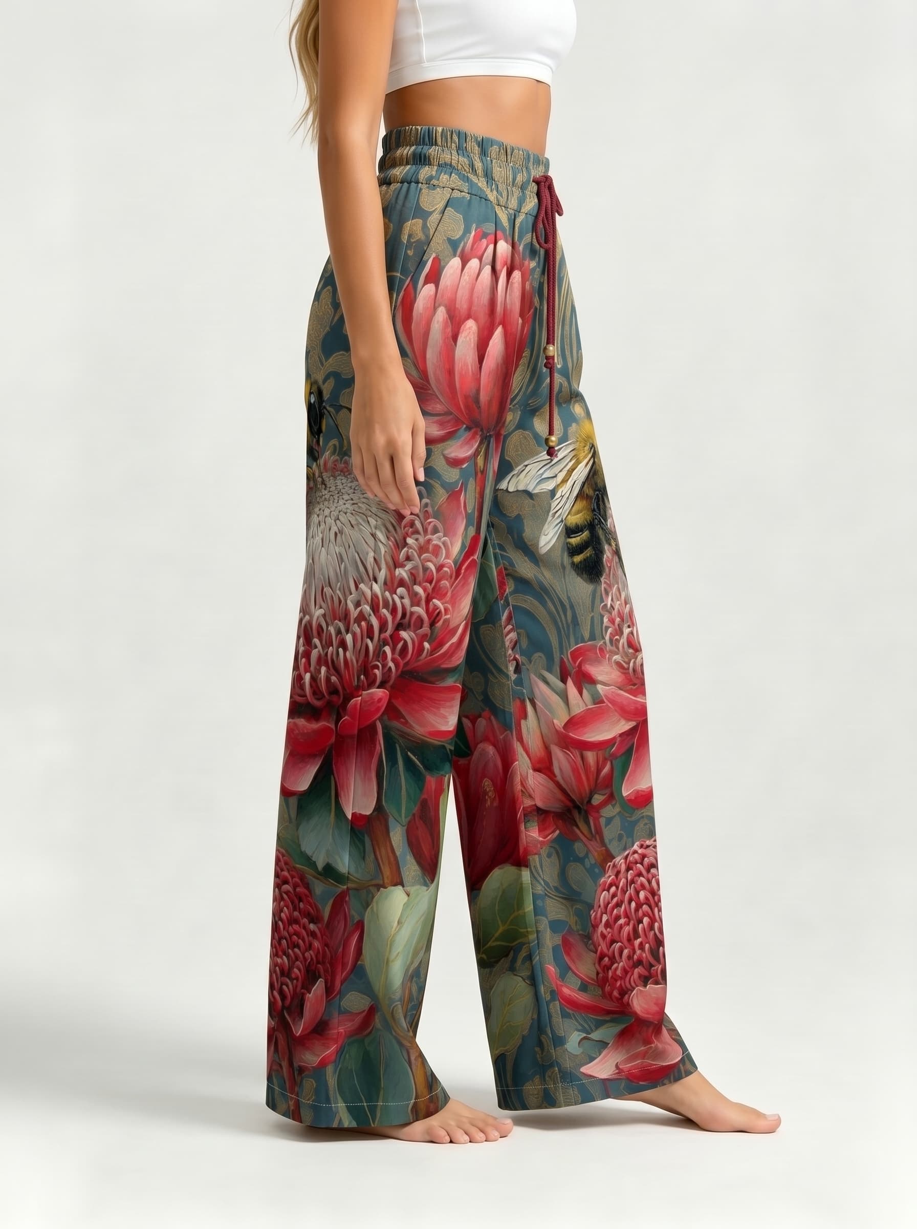 Vintage Protea Bee Floral Drawstring Wide Leg Trousers