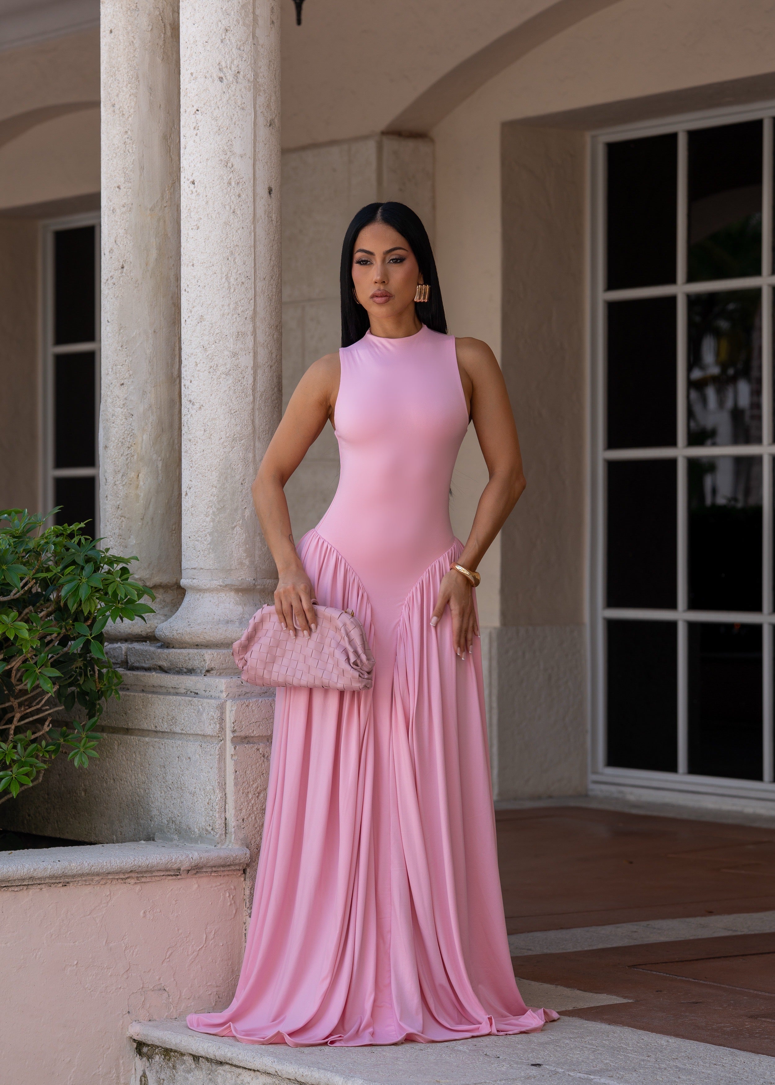 Sleeveless Mock Neck Fitted Bodice Flowy Maxi Dress