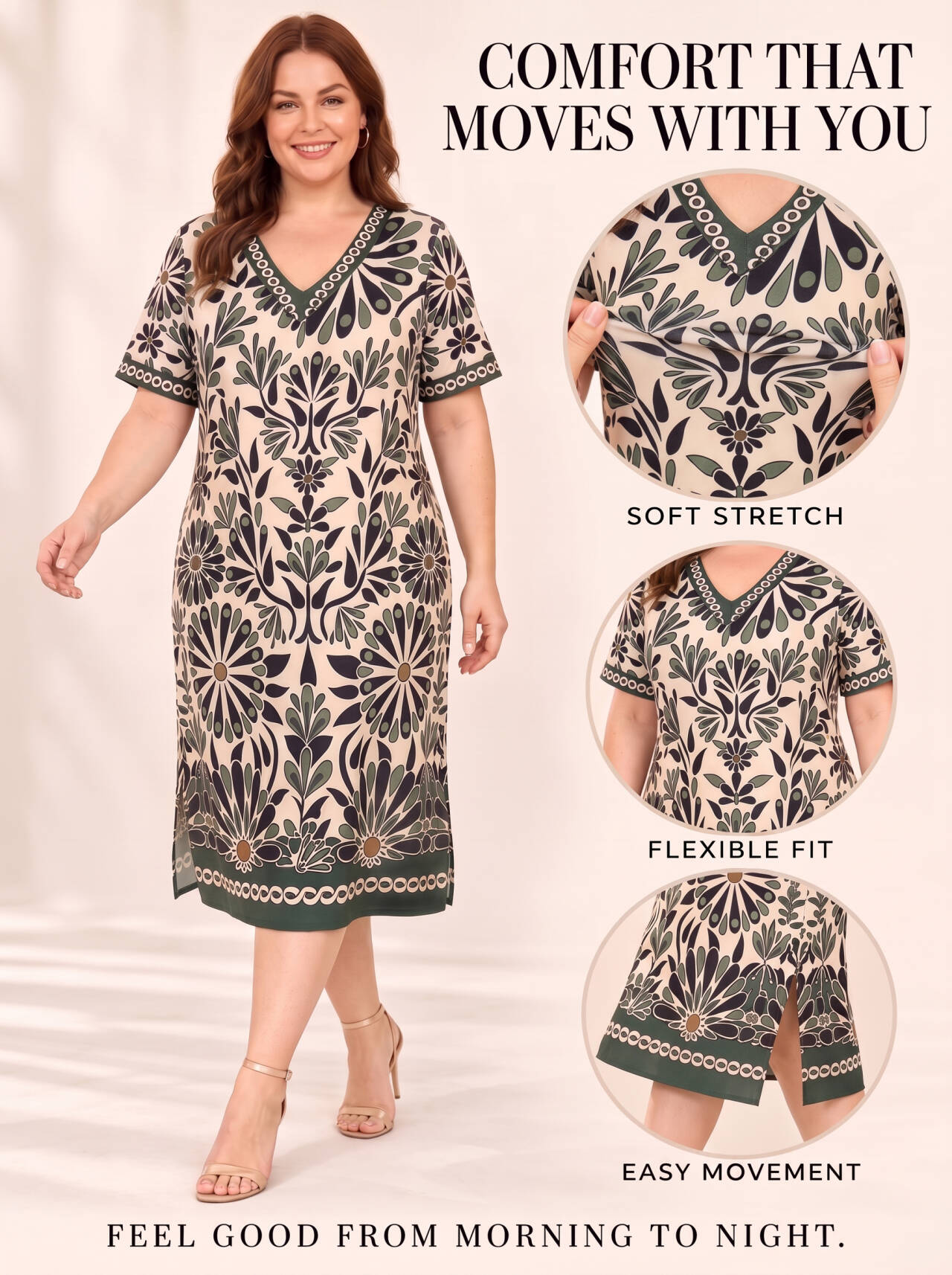 Women's V Neck Short Sleeve Printed Midi Dress
