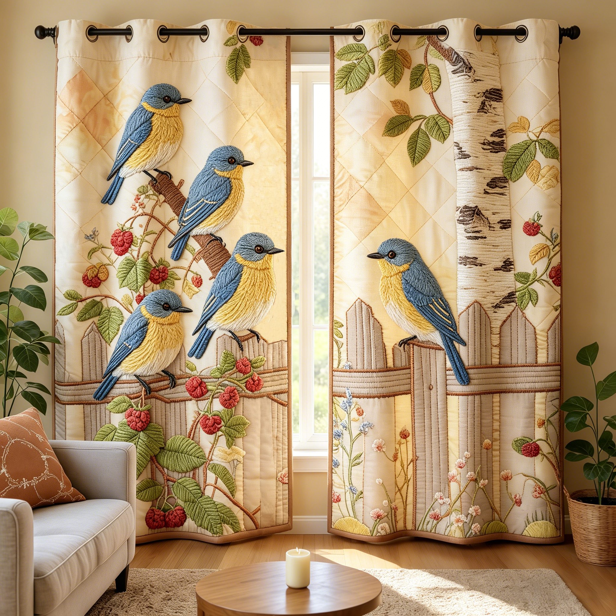 Blue Birds & Raspberry Bush Fence Embroidered Knitwear Quilted Curtain