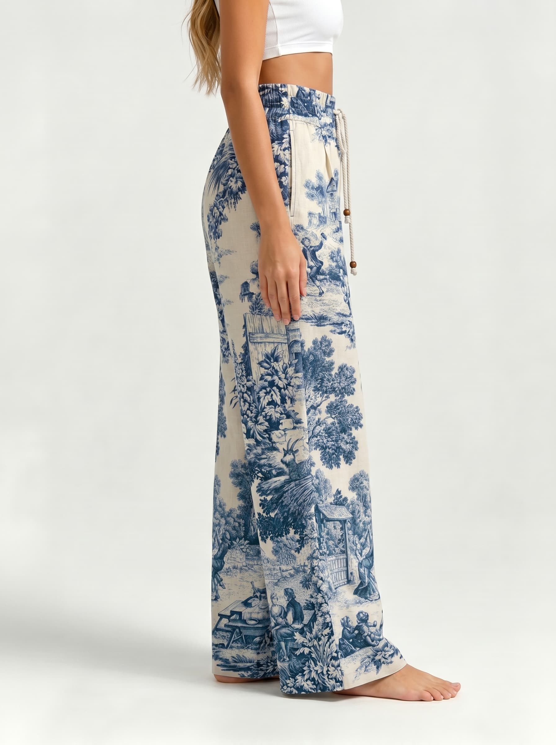 French Countryside Scene Toile De Jouy Drawstring Wide Leg Trousers