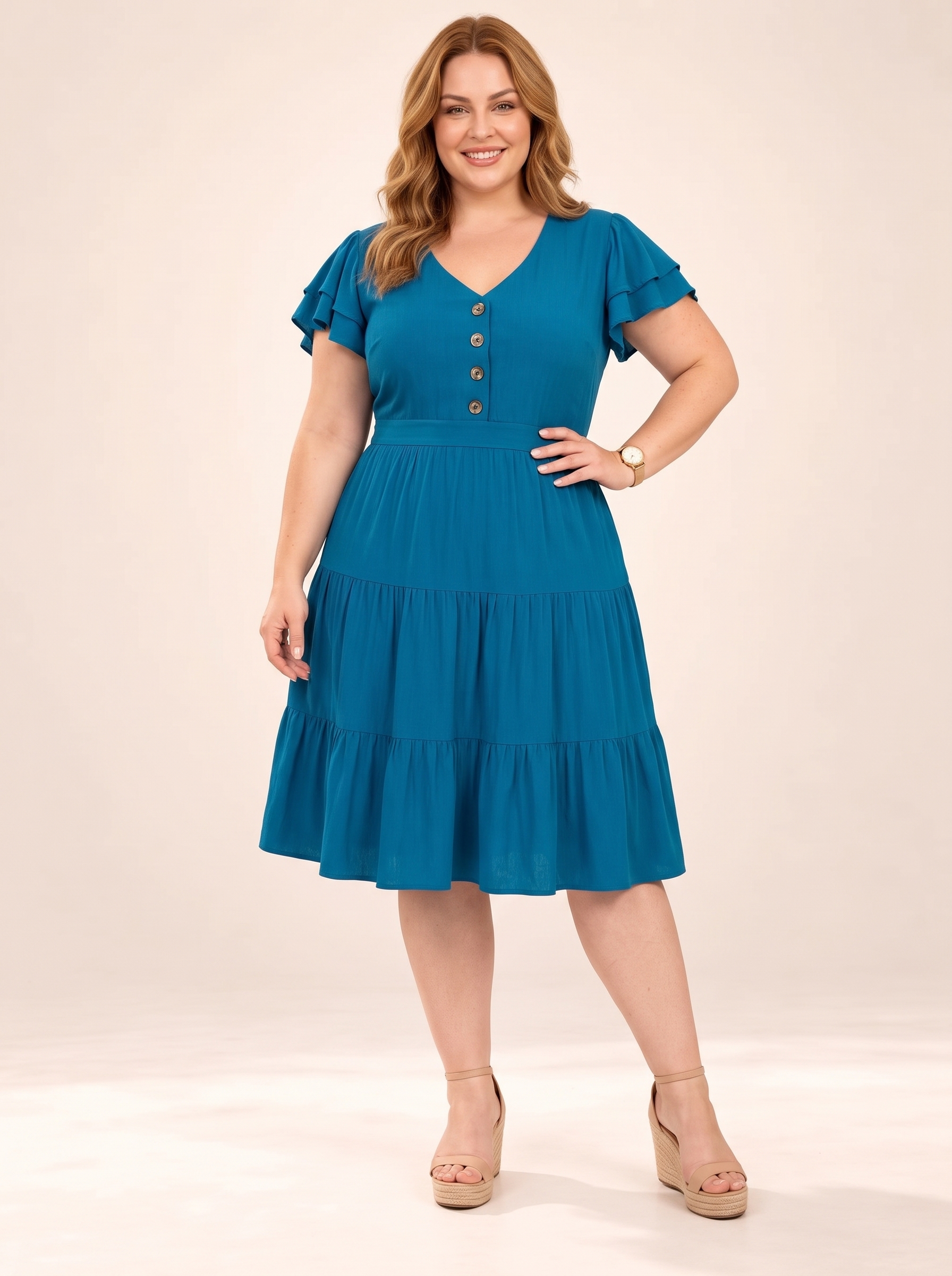 Everyday Button-Front Tiered Midi Dress