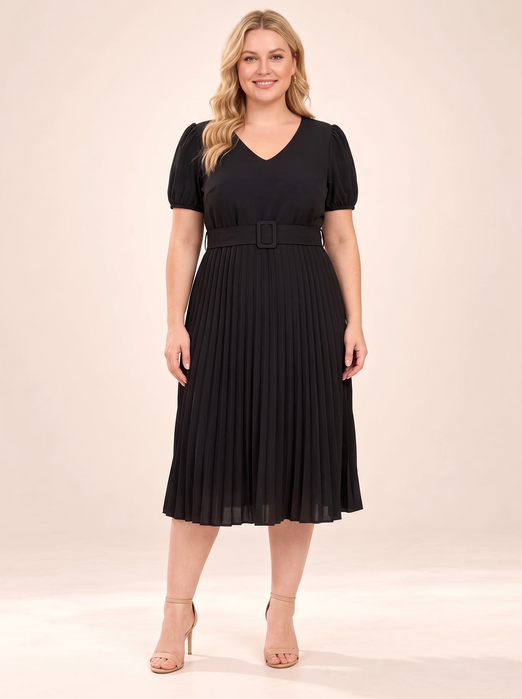 Everyday V-Neck Puff-Sleeve Belted Pleated Midi Dress
