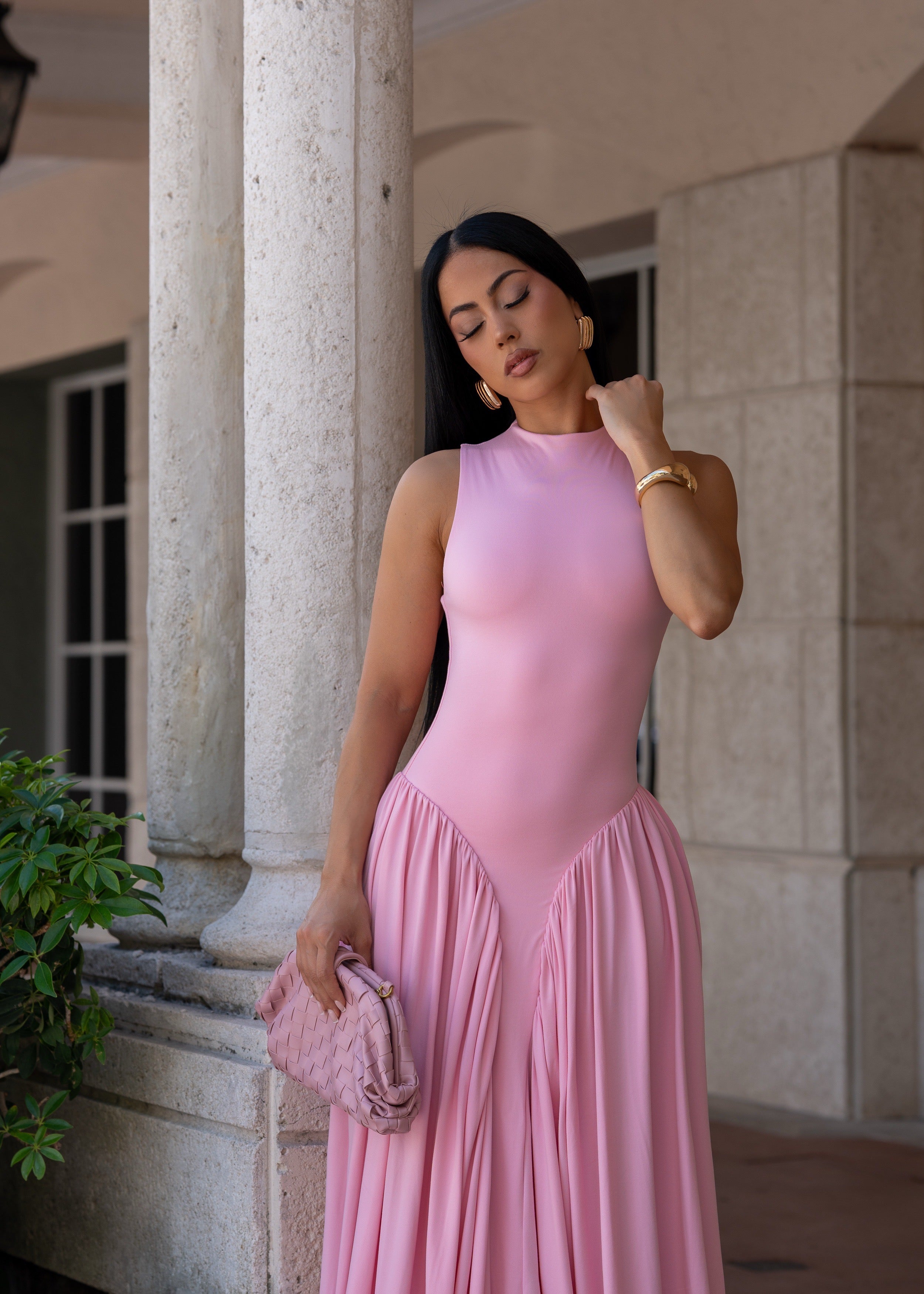 Sleeveless Mock Neck Fitted Bodice Flowy Maxi Dress