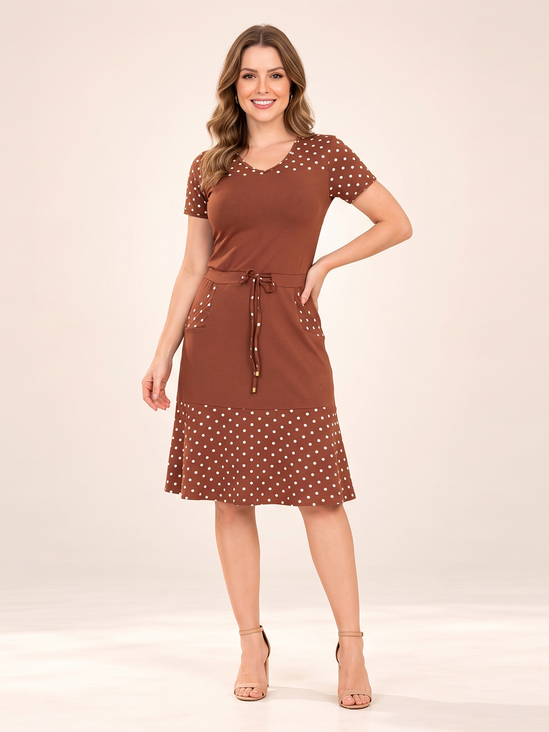 Women's Vintage V Neck Polka Dot Panel Short Sleeve Tie Waist Pocket Swing Midi Dress