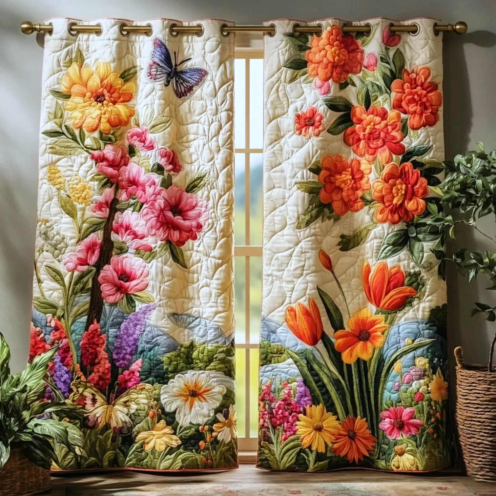 Butterfly & Multi-Colored Floral Garden Embroidered Knitwear Quilting Curtains