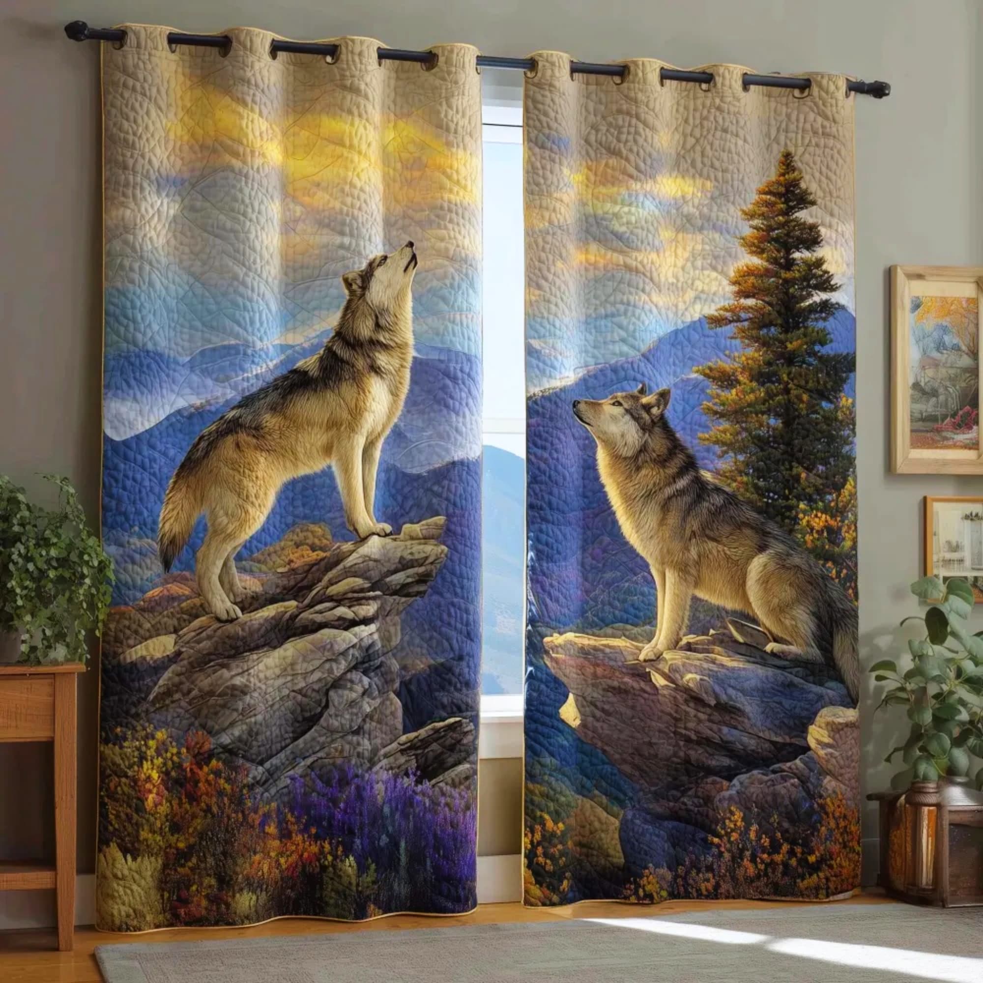 Howling Wolves & Mountain Landscape Embroidered Knitwear Quilting Curtains