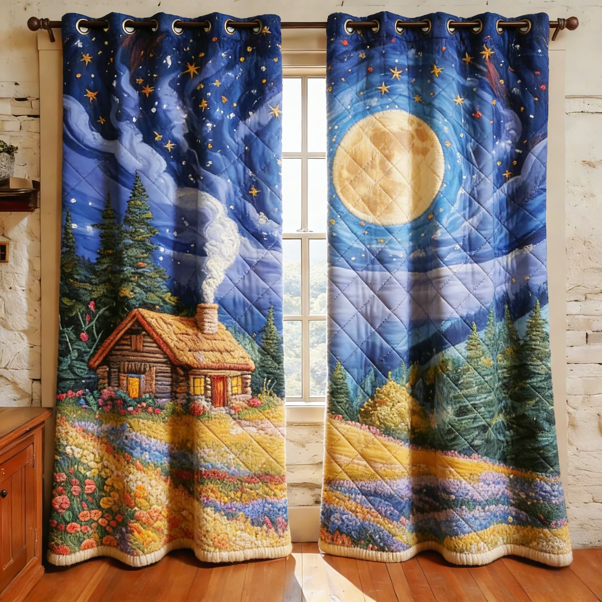 Moonlit Cabin & Wildflower Field Embroidered Knitwear Quilting Curtains