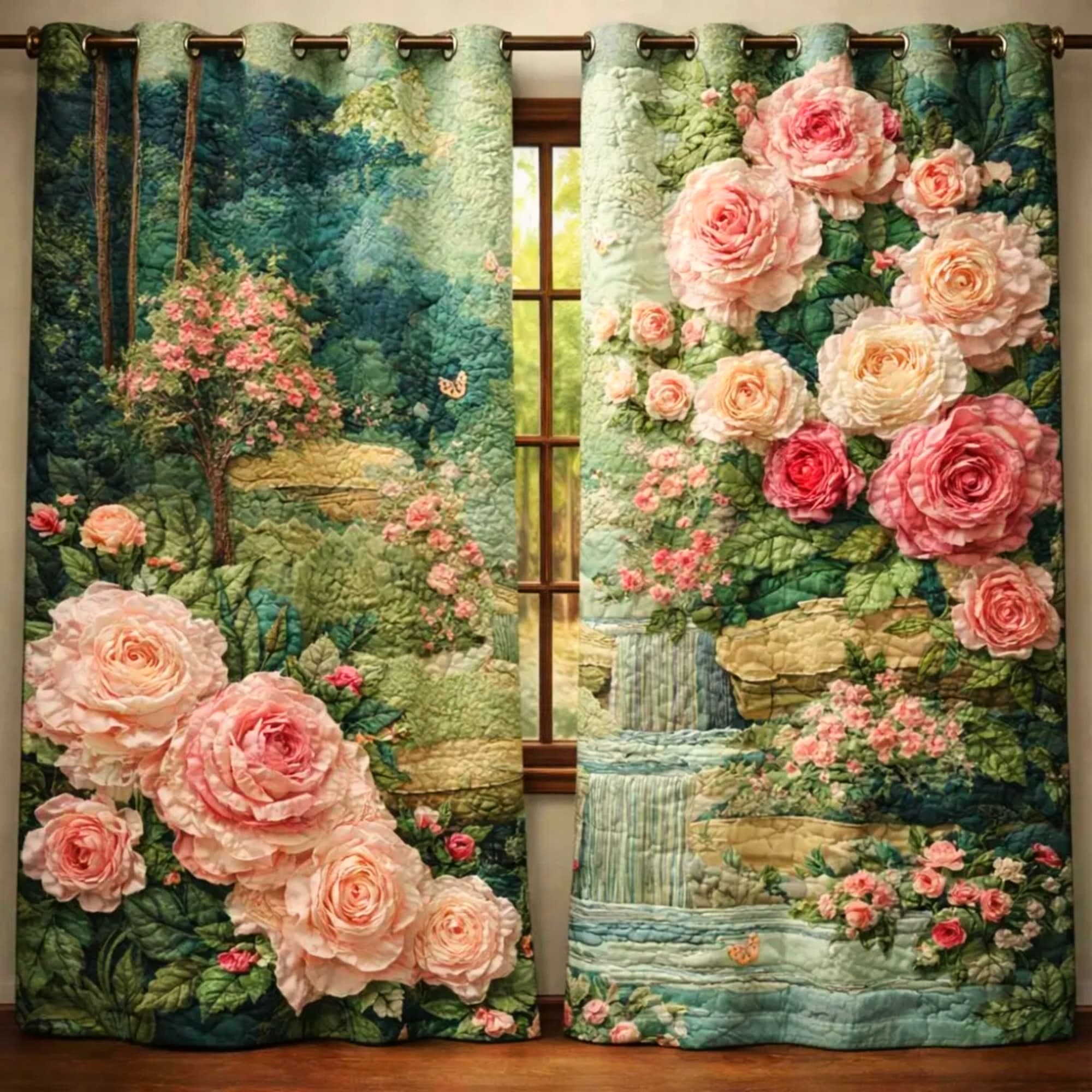 Garden Roses & Waterfall Landscape Embroidered Knitwear Quilting Curtains