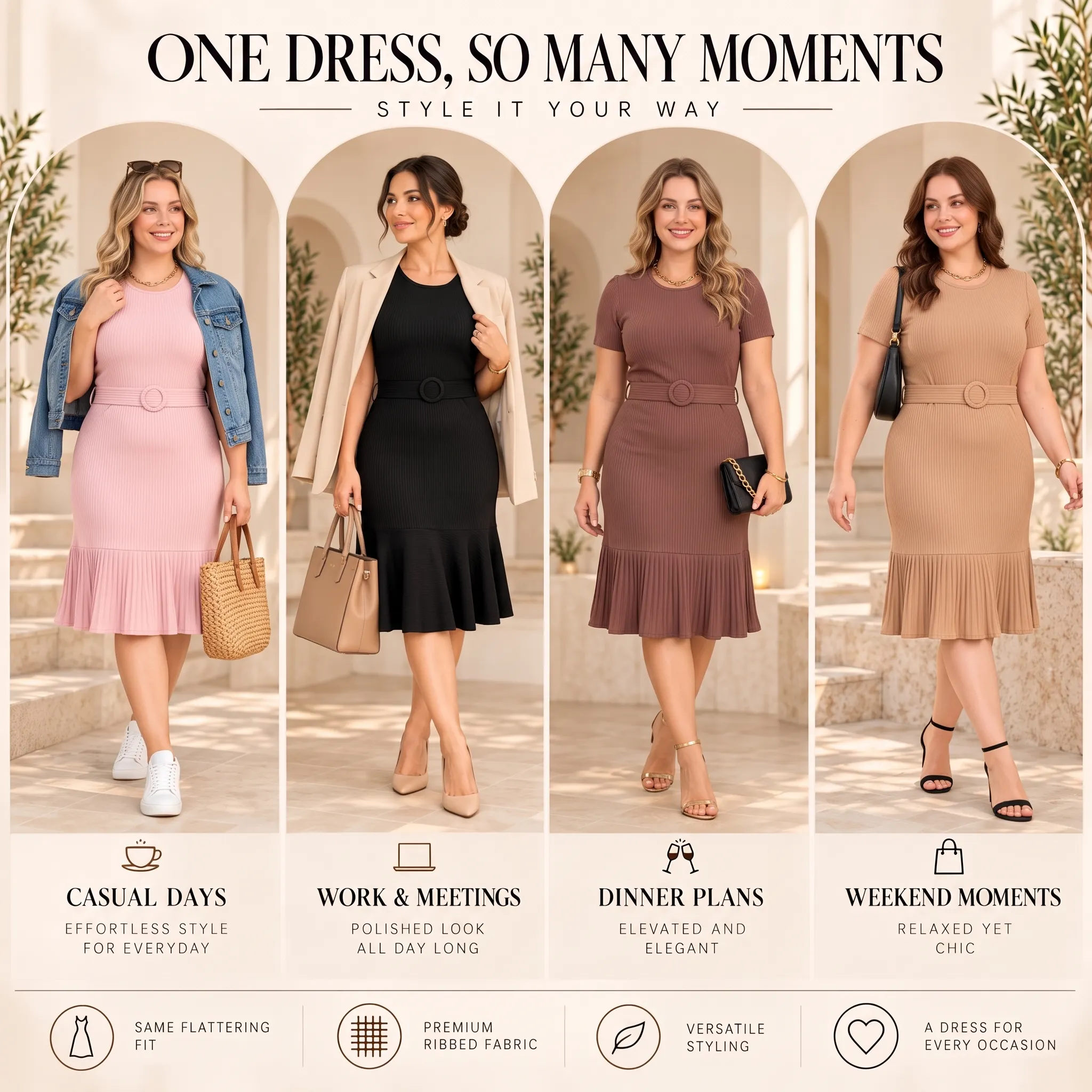 Everyday Ribbed Belted Ruffle-Hem Dress