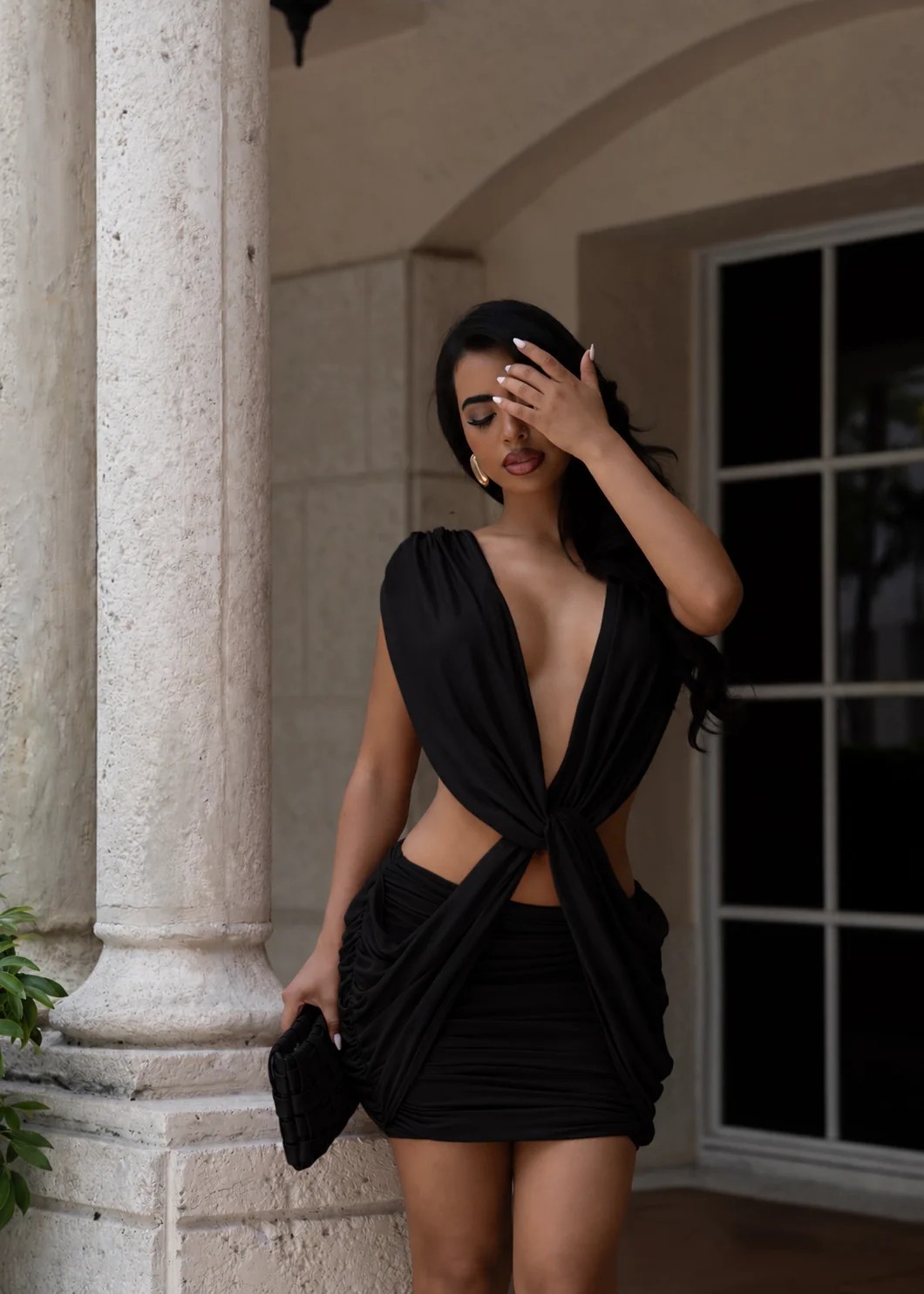 Deep V Front Knotted Draped Backless Bodycon Dress