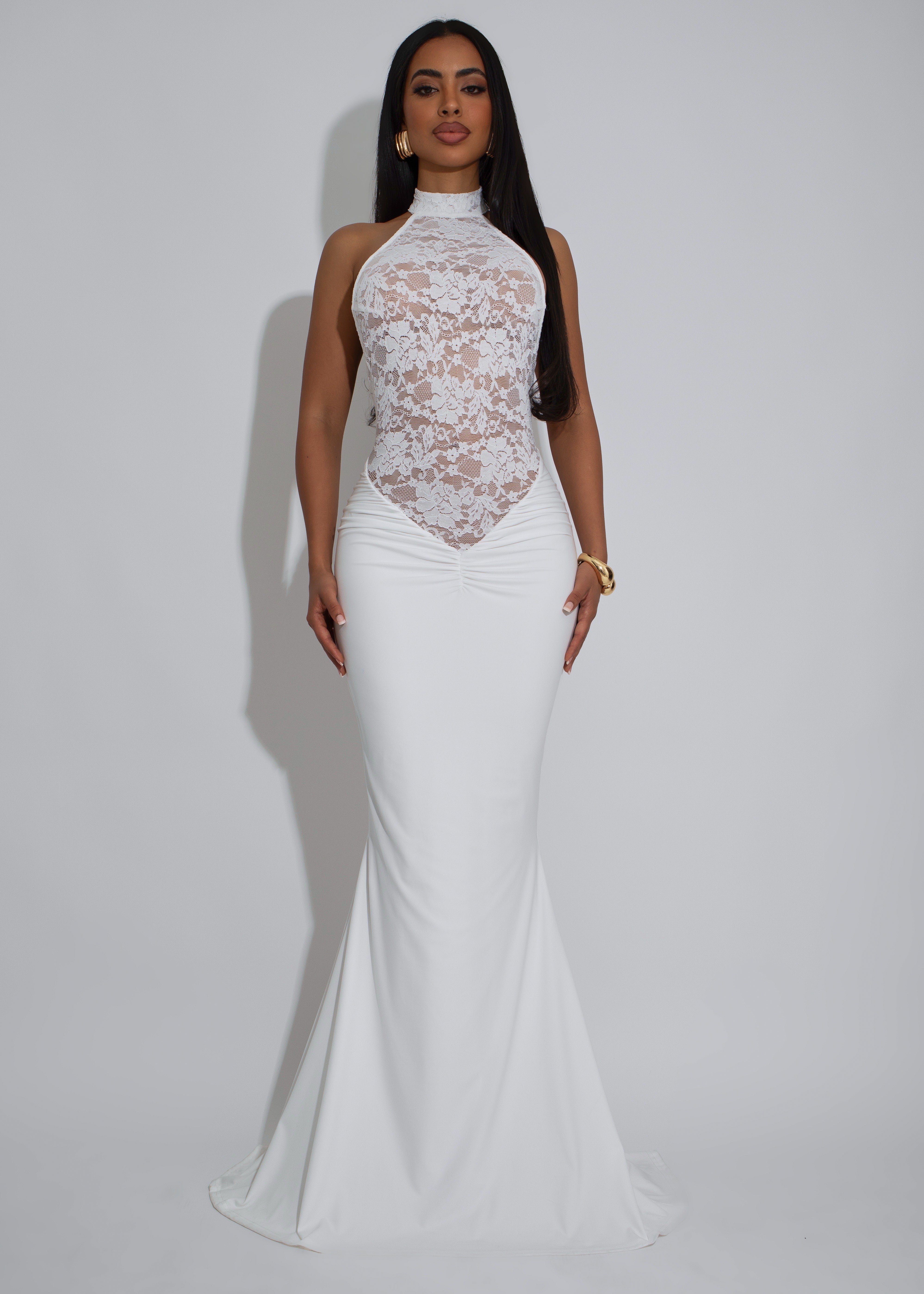 White Allure Lace Ruched Maxi Dress White
