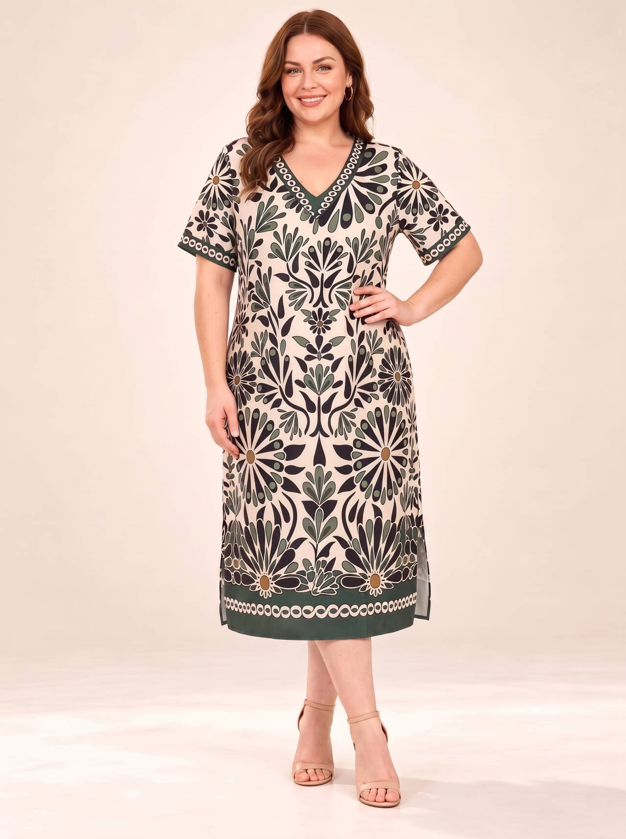Women's V Neck Short Sleeve Printed Midi Dress