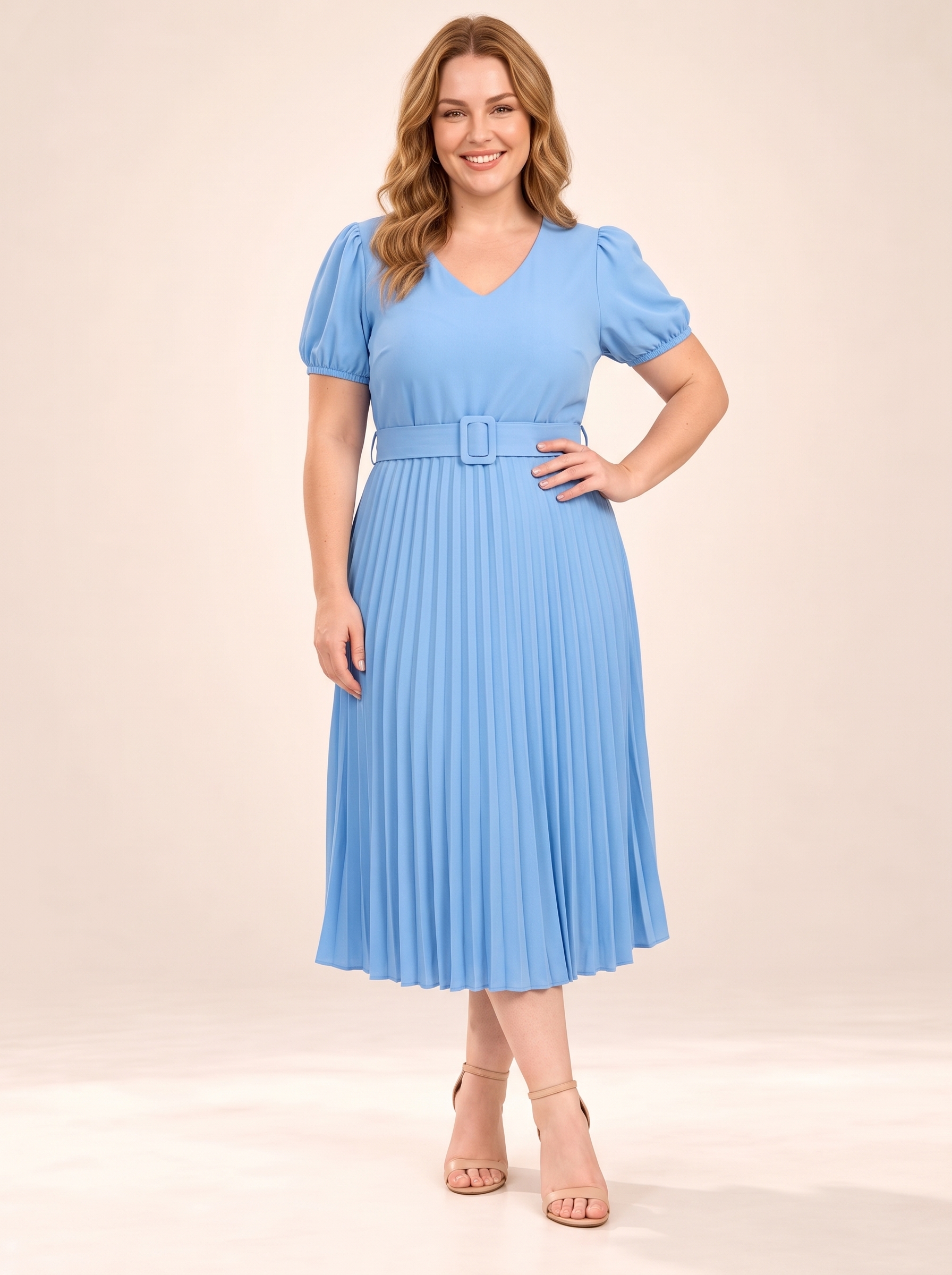 Everyday V-Neck Puff-Sleeve Belted Pleated Midi Dress