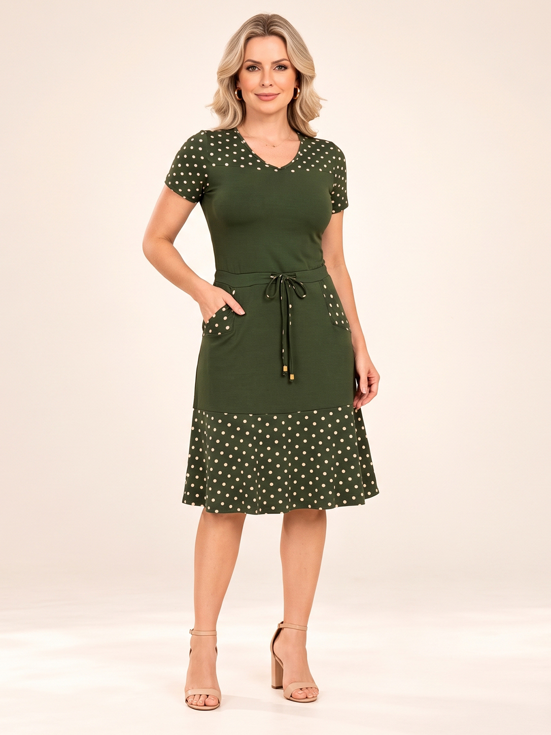 Women's Vintage V Neck Polka Dot Panel Short Sleeve Tie Waist Pocket Swing Midi Dress