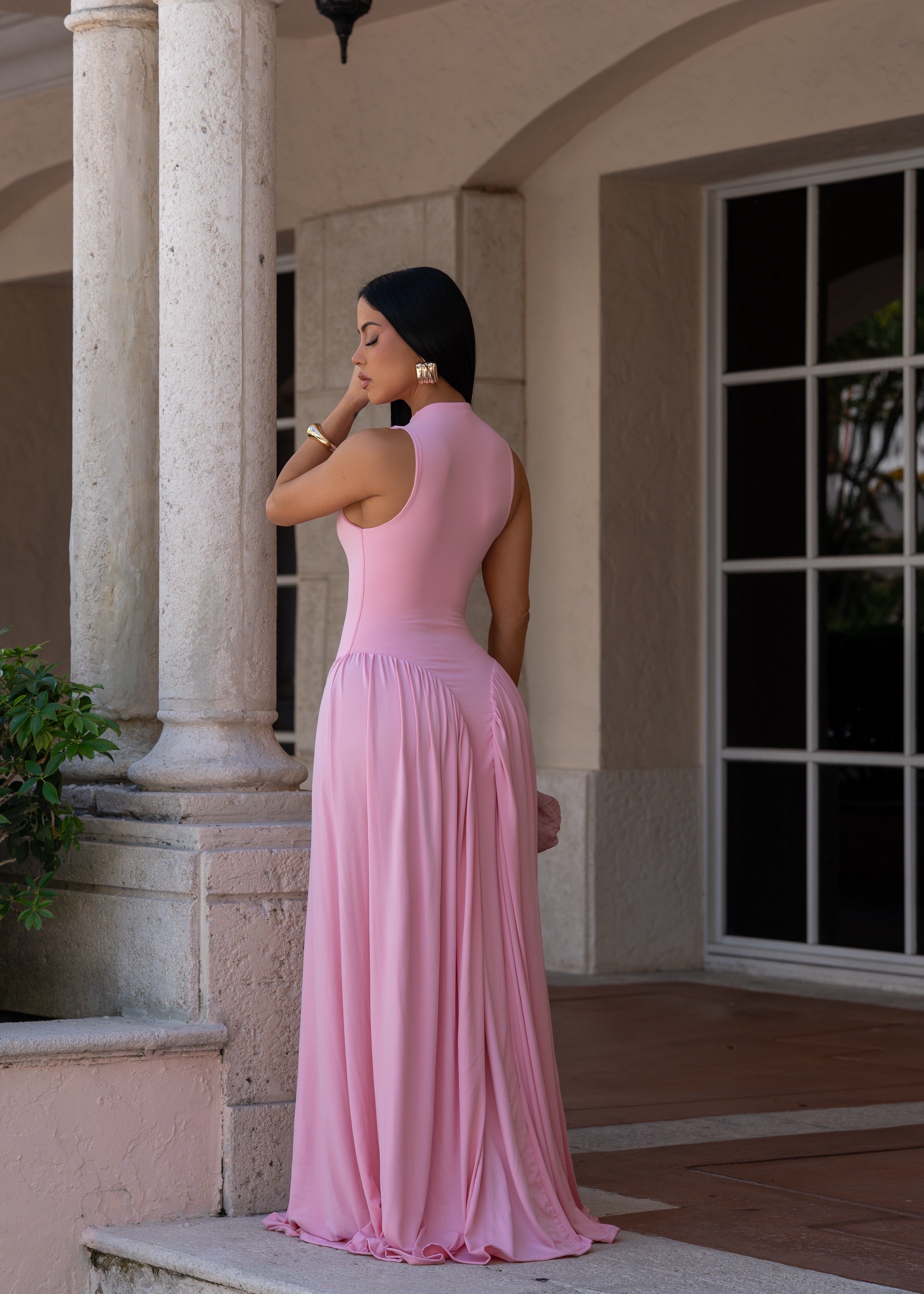 Sleeveless Mock Neck Fitted Bodice Flowy Maxi Dress