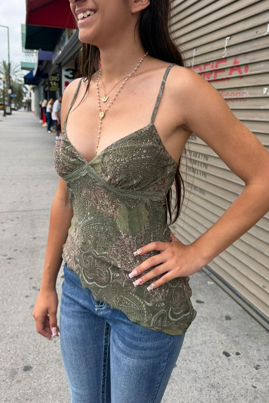 Women's Vintage Paisley All Over Print Mesh Lace Trim Irregular Hem Cami Top 