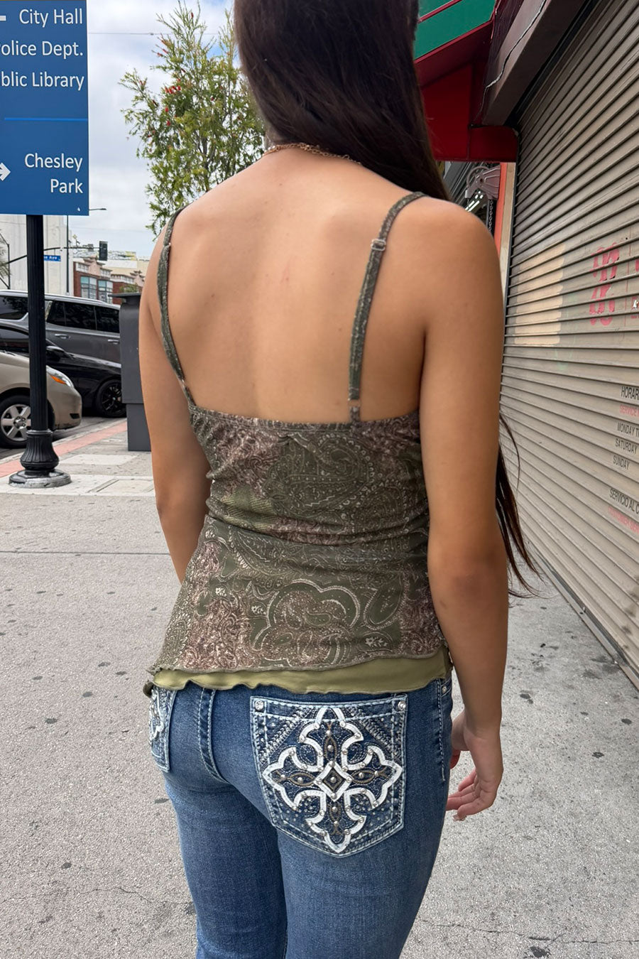 Women's Vintage Paisley All Over Print Mesh Lace Trim Irregular Hem Cami Top 