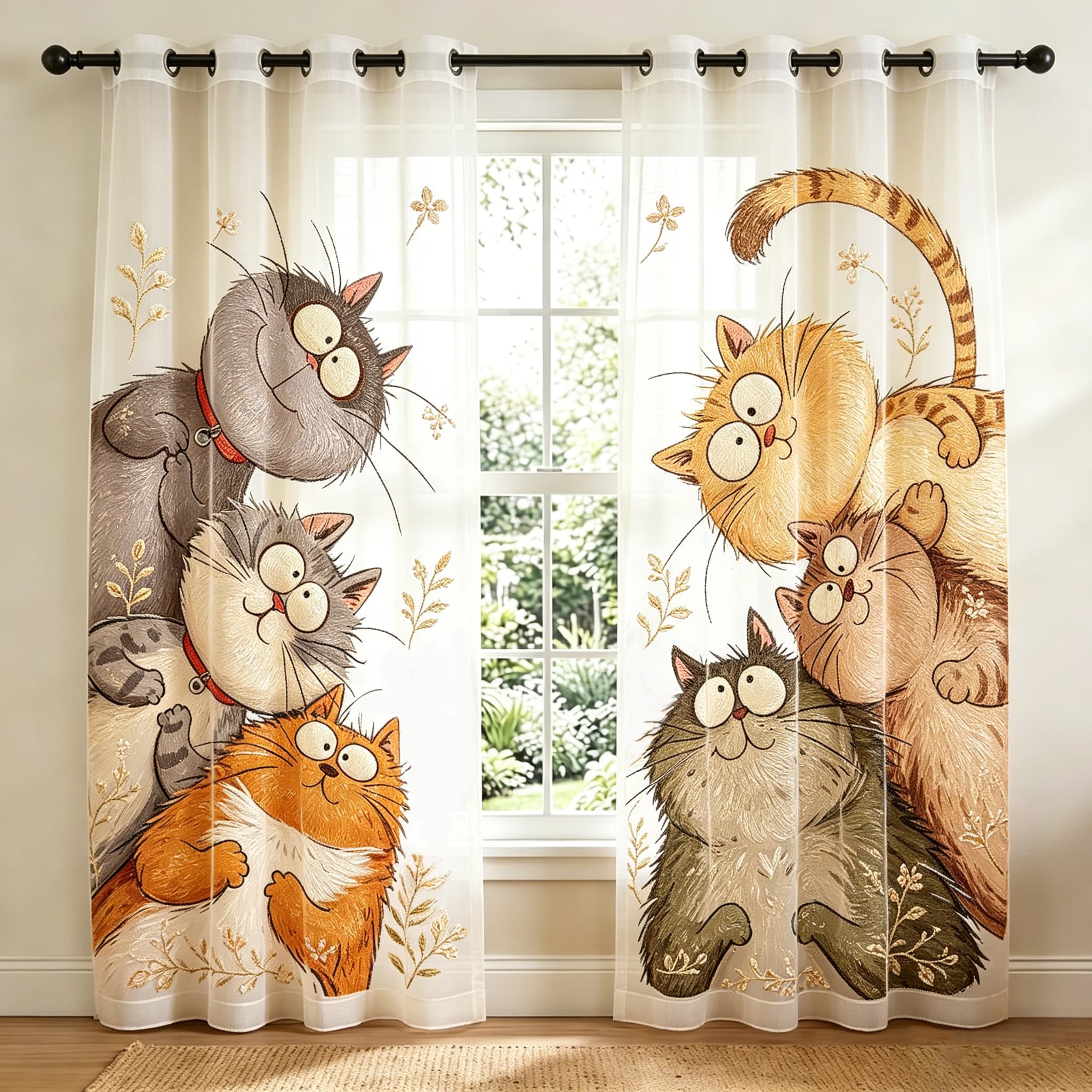 Cute Whimsical Cat Family Embroidered Sheer Curtains