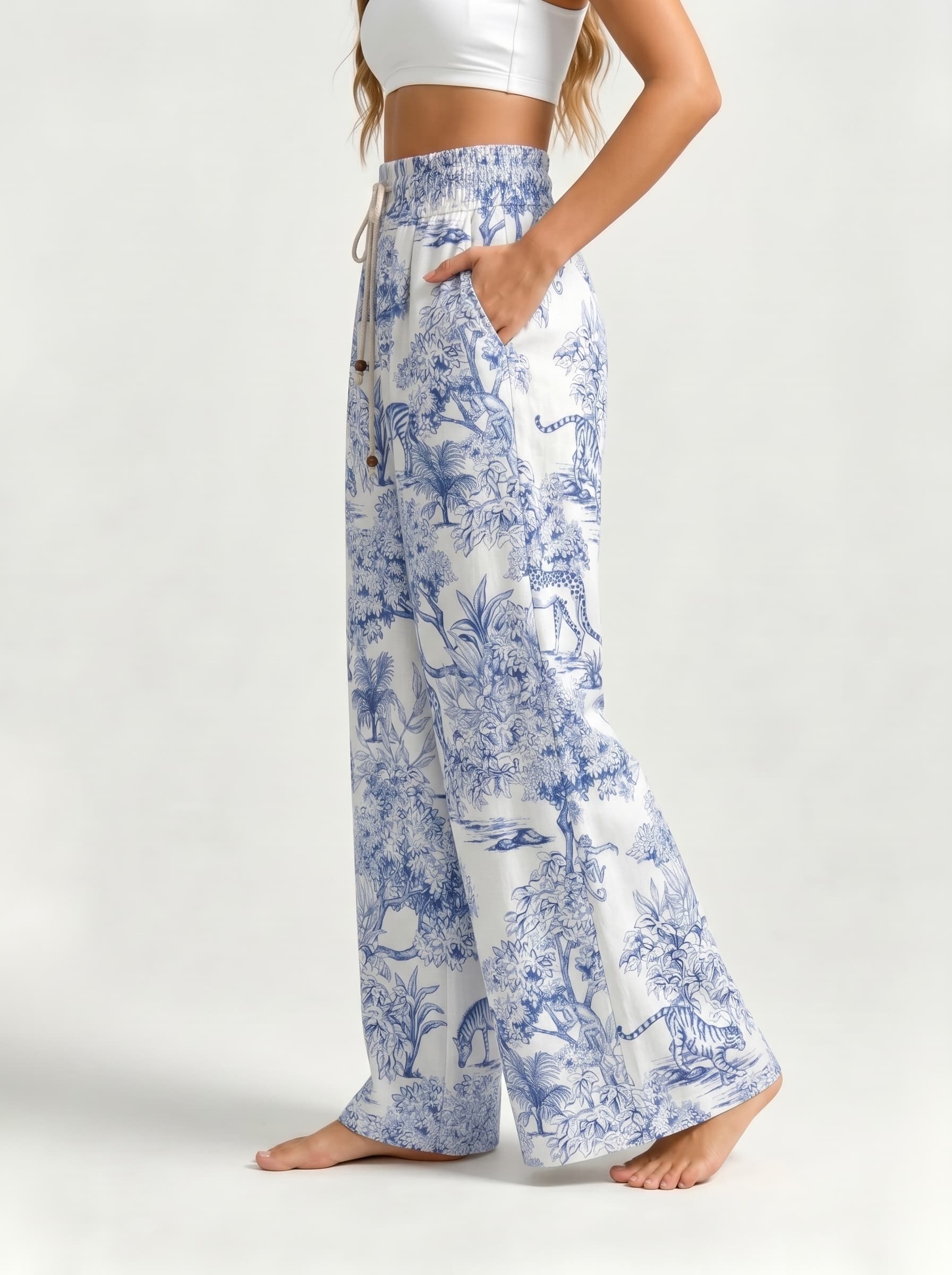 Blue Safari Animal Jungle Toile Print Drawstring Wide Leg Trousers