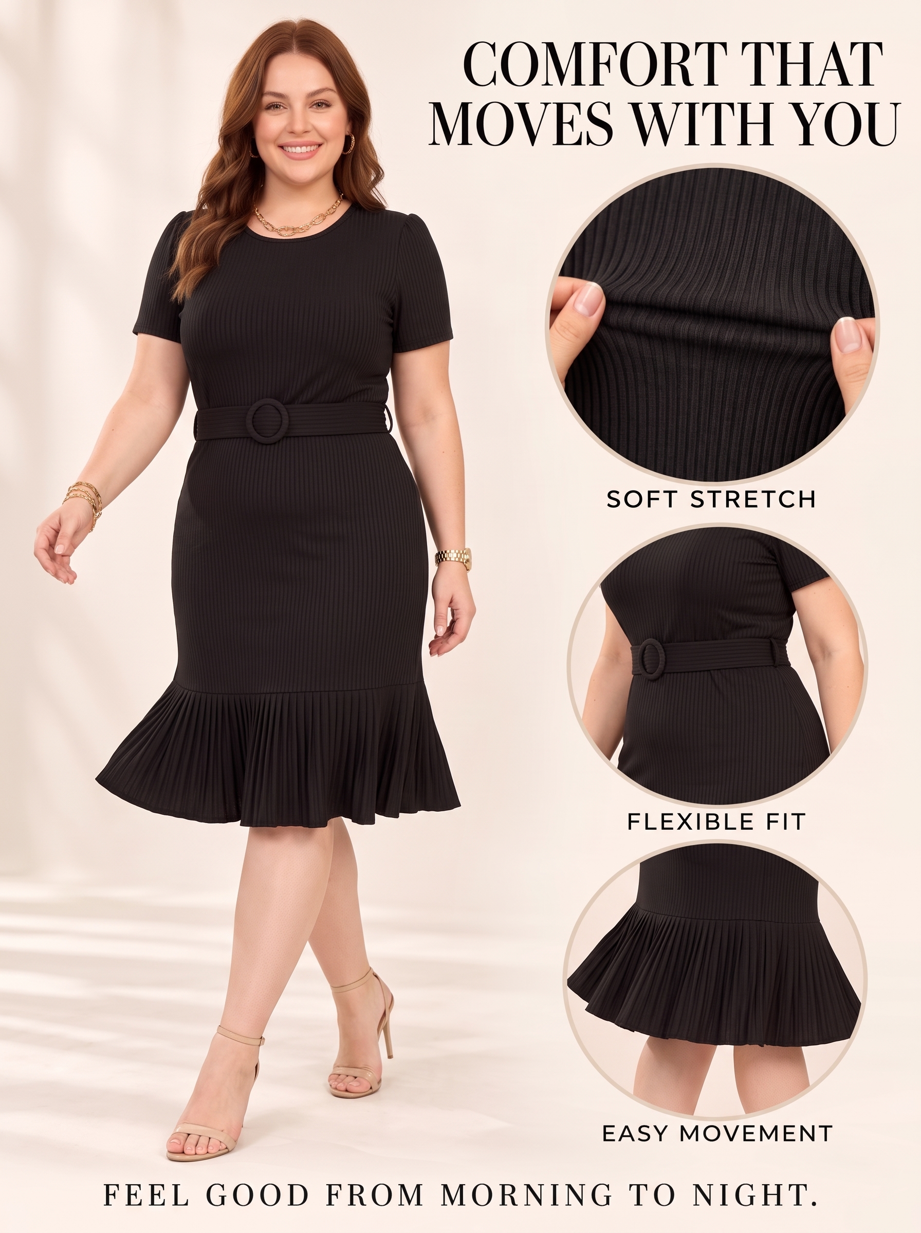 Everyday Ribbed Belted Ruffle-Hem Dress