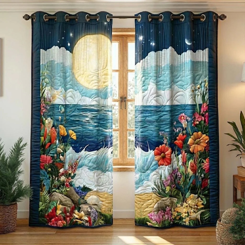 Moonlit Seaside Floral Embroidered Knitwear Quilted Curtains