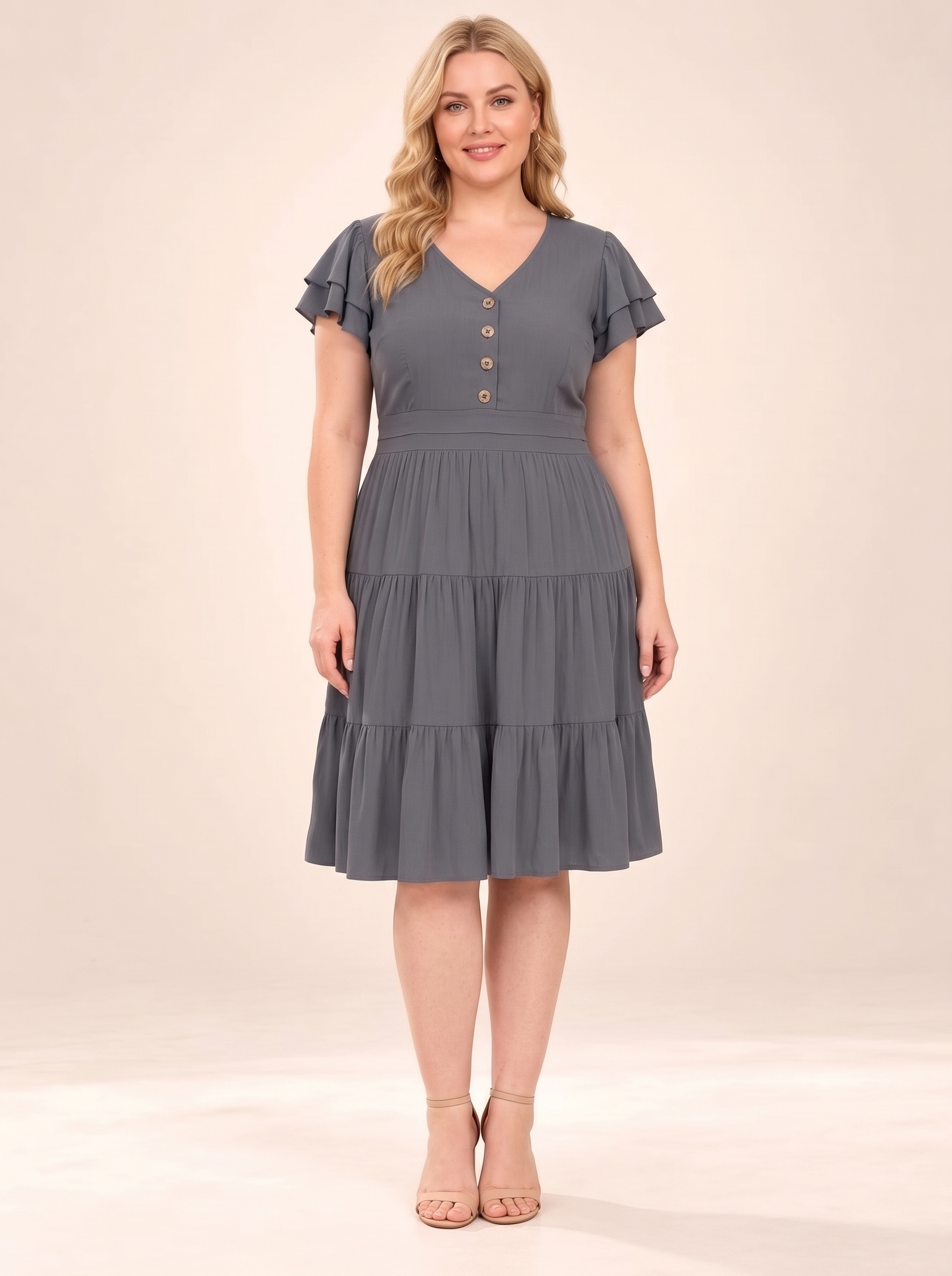 Everyday Button-Front Tiered Midi Dress