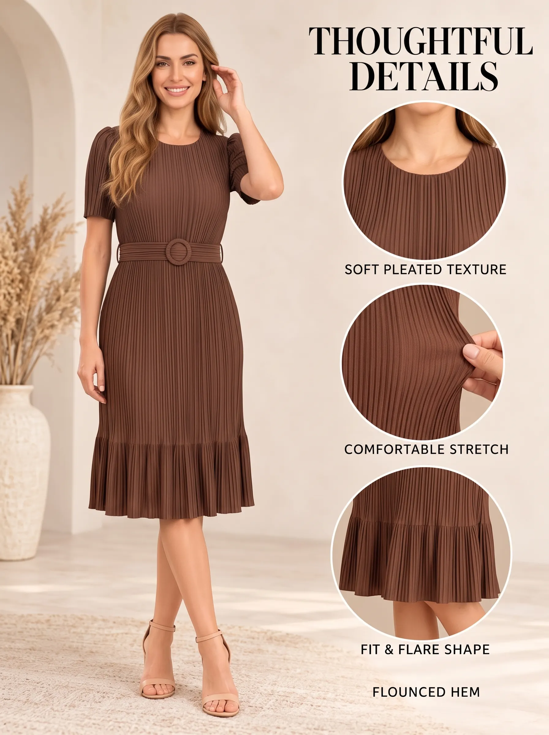 Everyday Pleated Belted Midi Dress