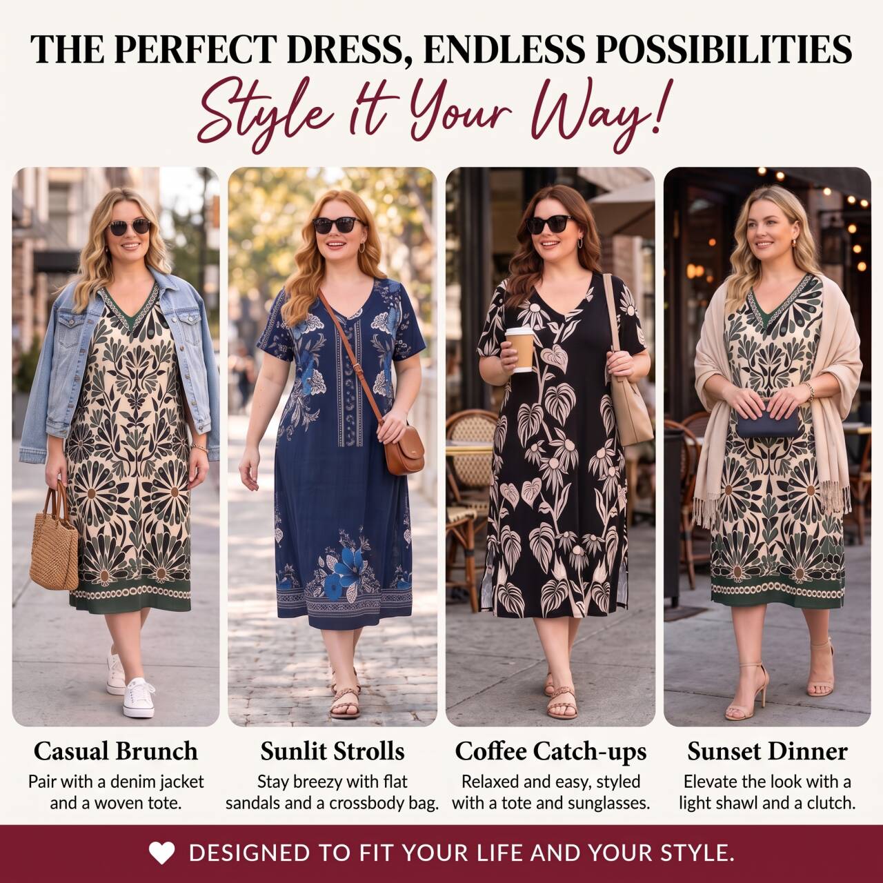 Women's V Neck Short Sleeve Printed Midi Dress