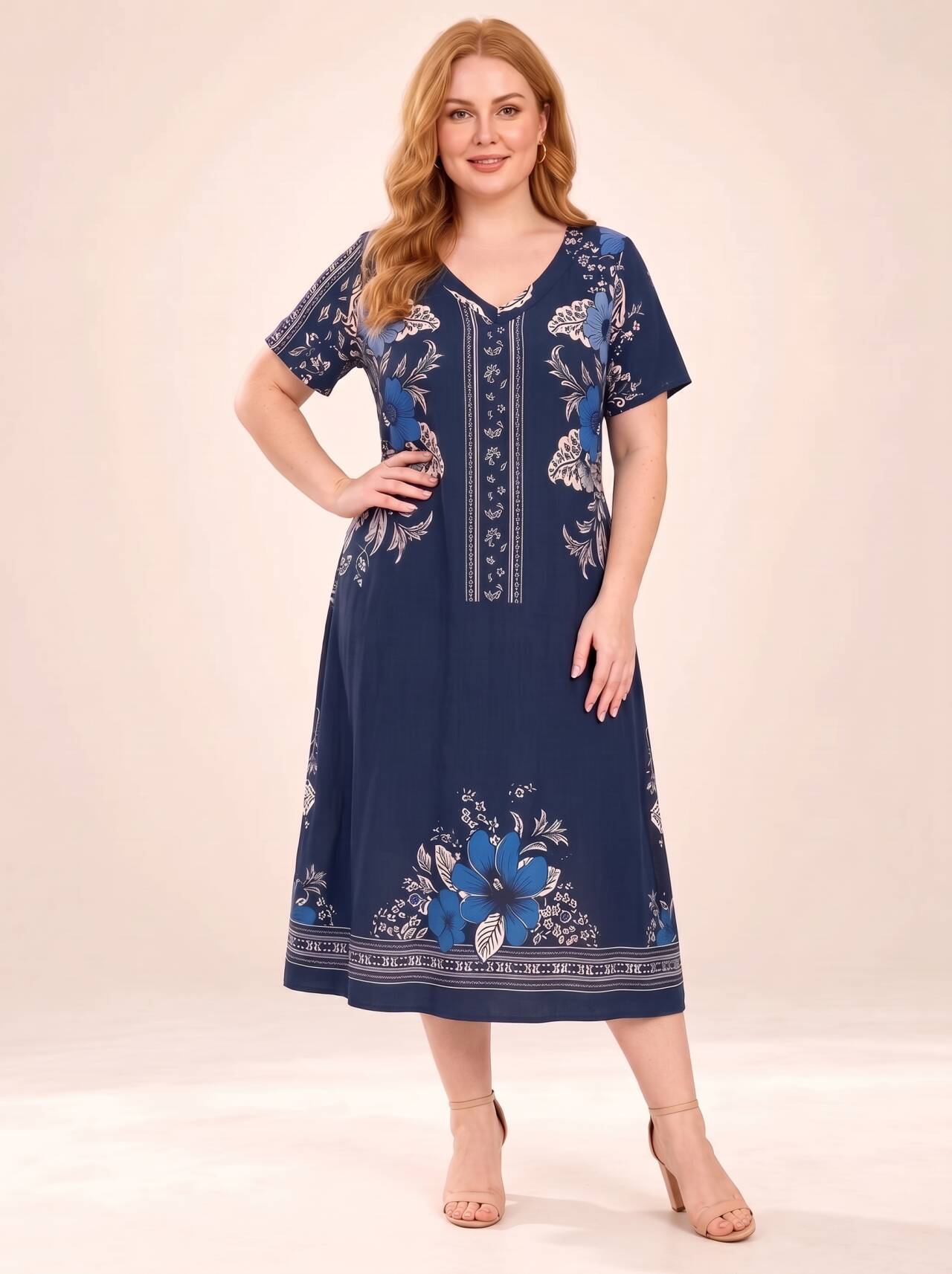 Women's V Neck Short Sleeve Printed Midi Dress