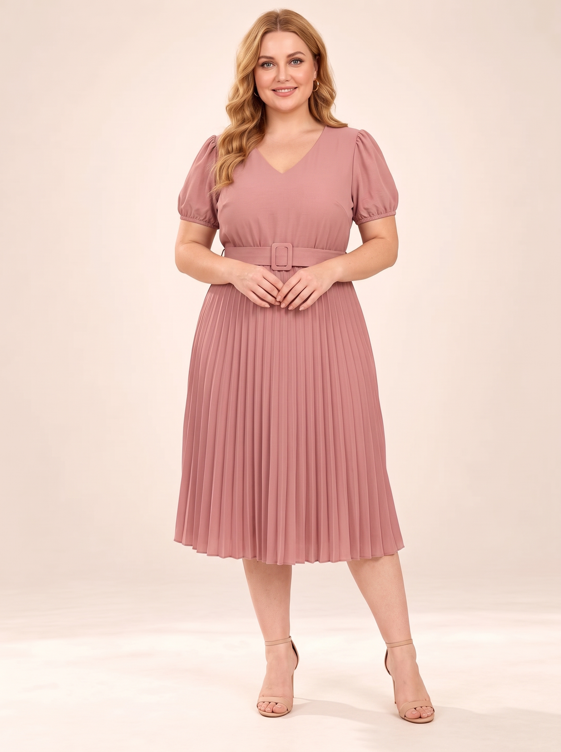 Everyday V-Neck Puff-Sleeve Belted Pleated Midi Dress