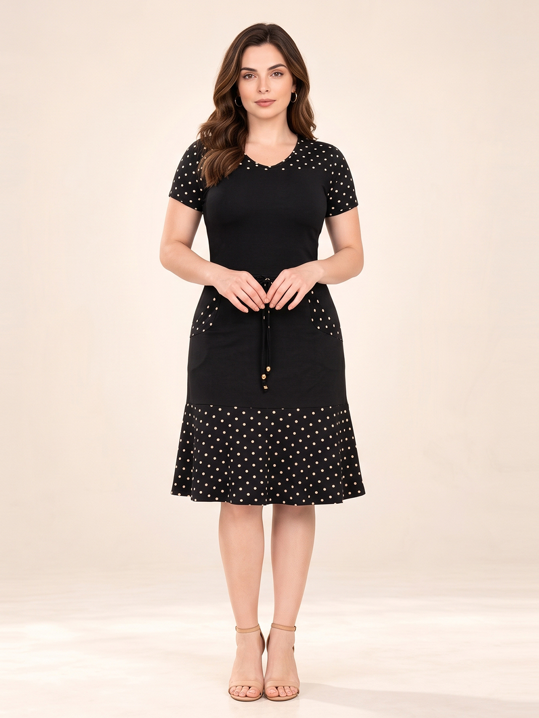 Women's Vintage V Neck Polka Dot Panel Short Sleeve Tie Waist Pocket Swing Midi Dress