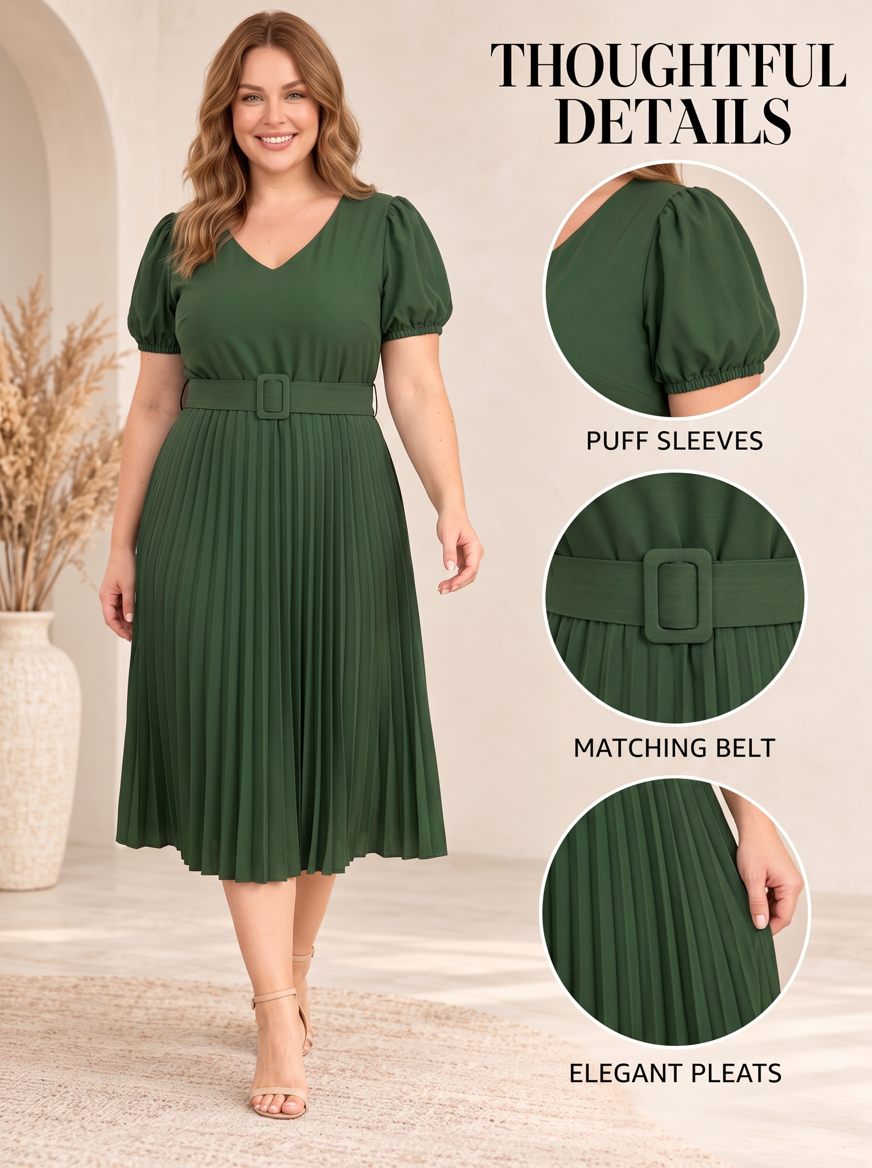 Everyday V-Neck Puff-Sleeve Belted Pleated Midi Dress