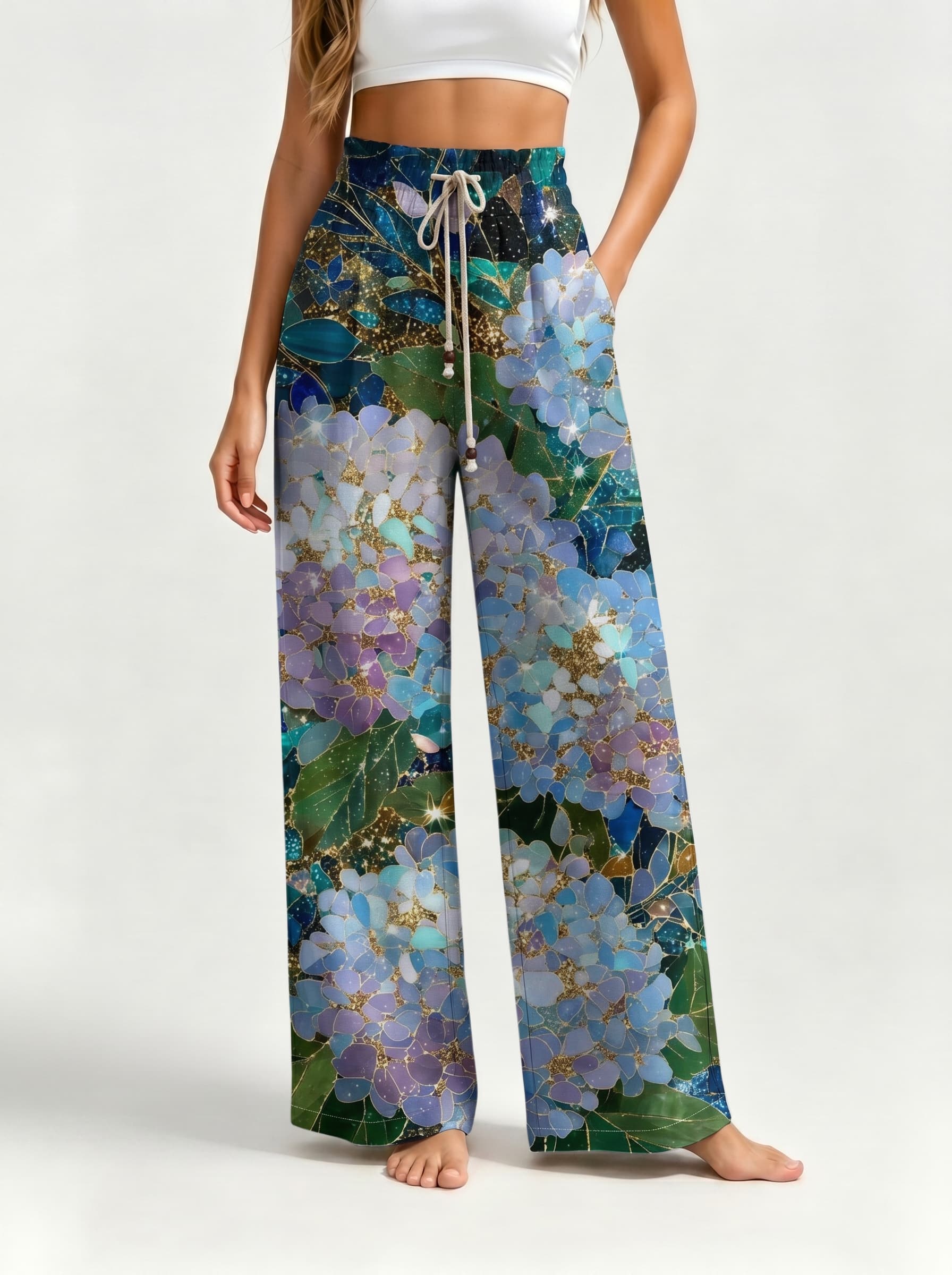 Glitter Hydrangea Stained Glass Drawstring Wide Leg Trousers