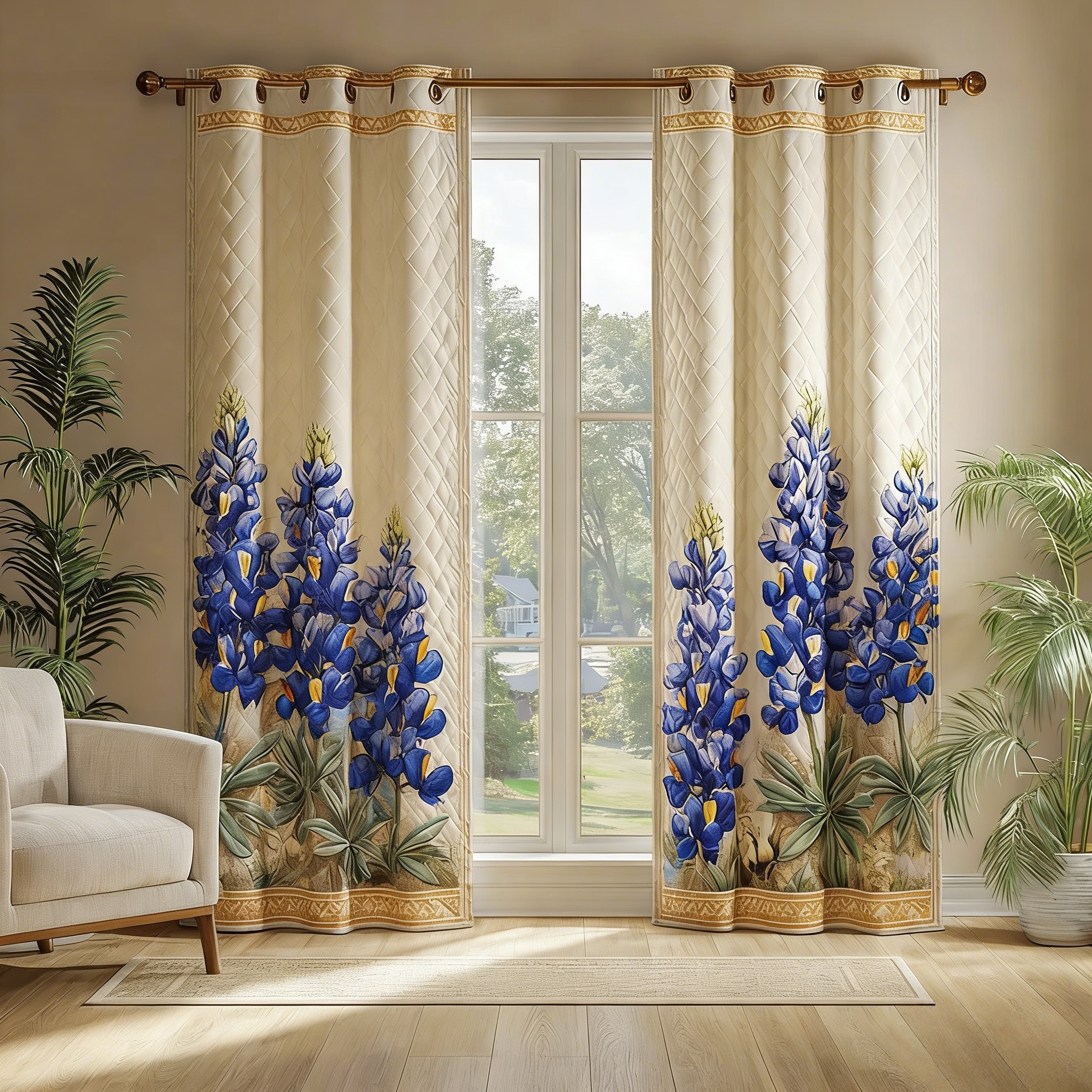 Blue Lupine Floral Embroidered Knitwear Quilted Curtains