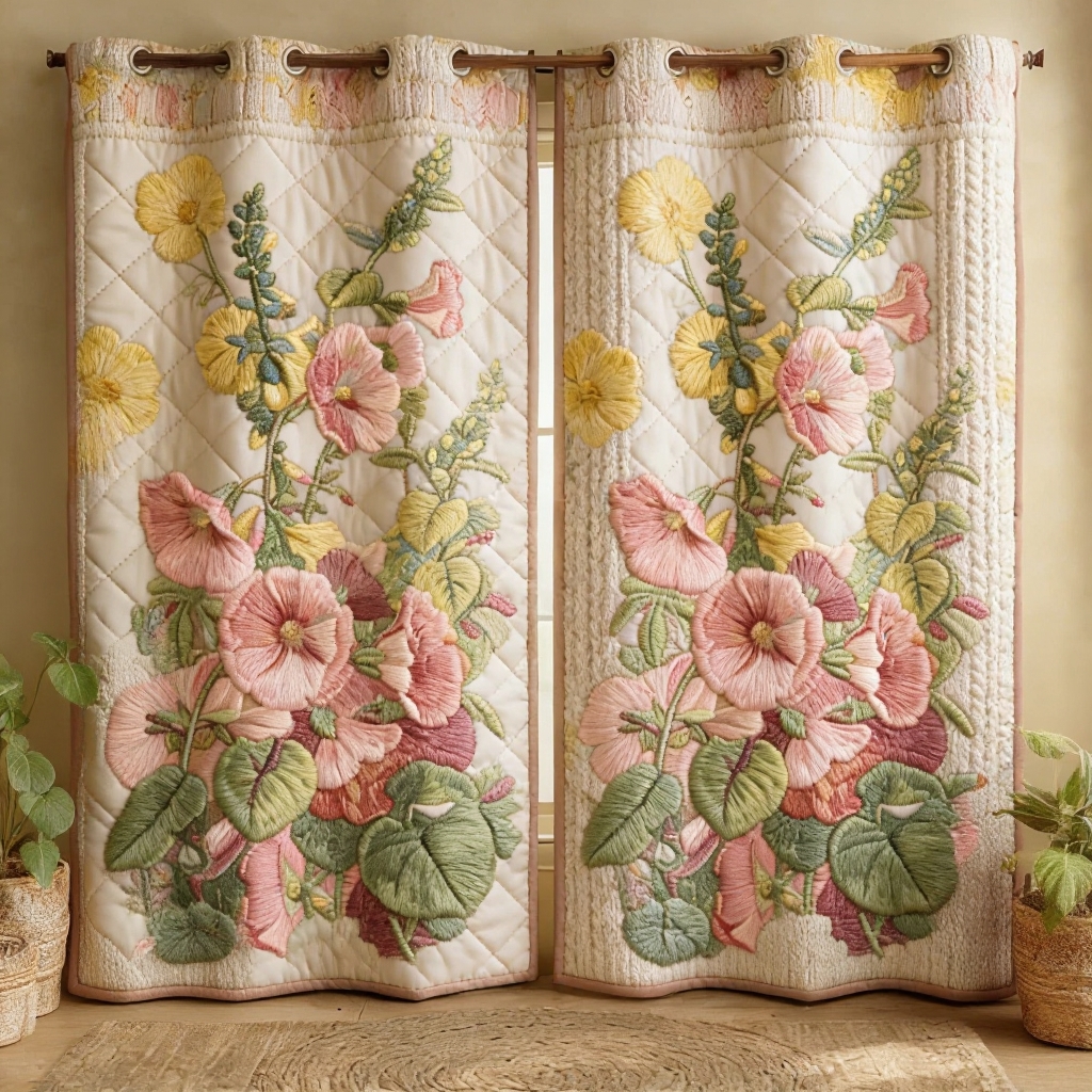 Pastel Pink Hollyhock Garden Embroidered Knitwear Quilted Curtains