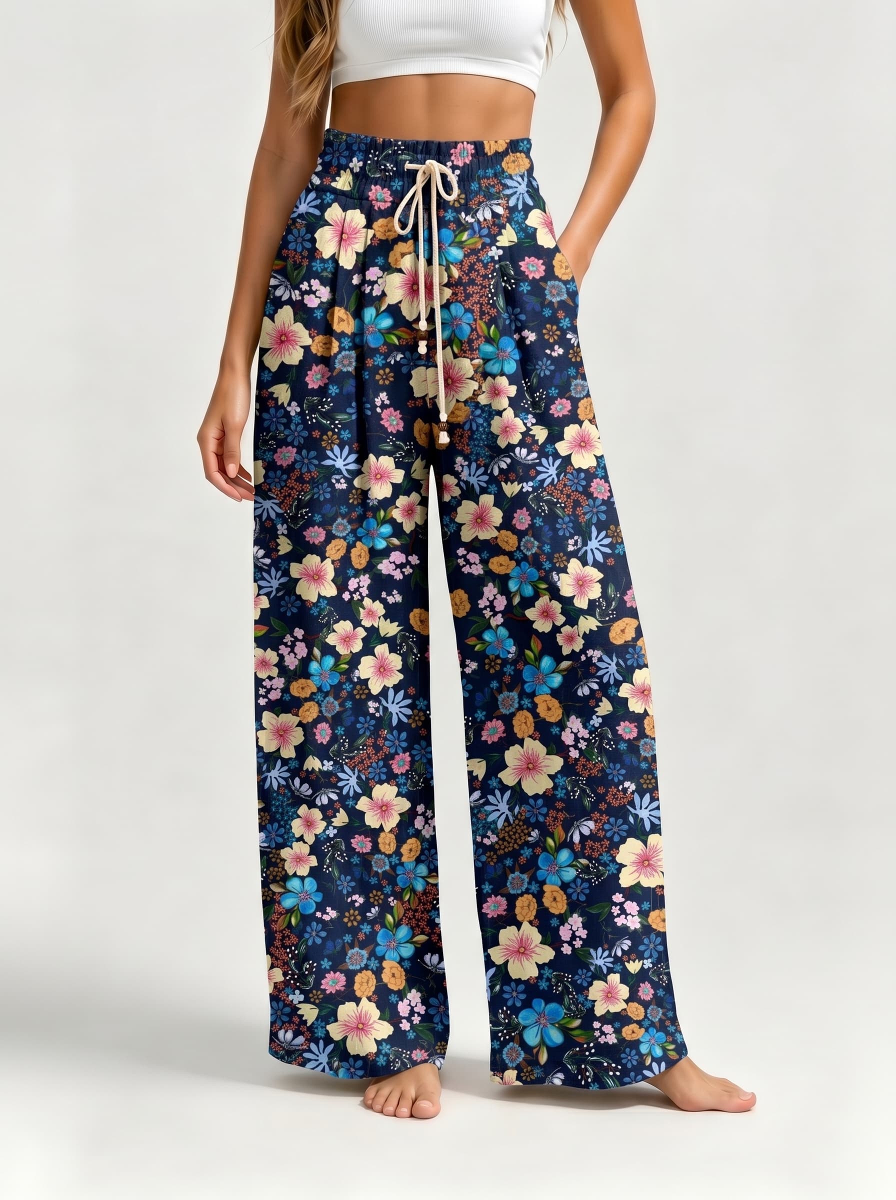Navy Mixed Floral Print Drawstring Wide Leg Trousers