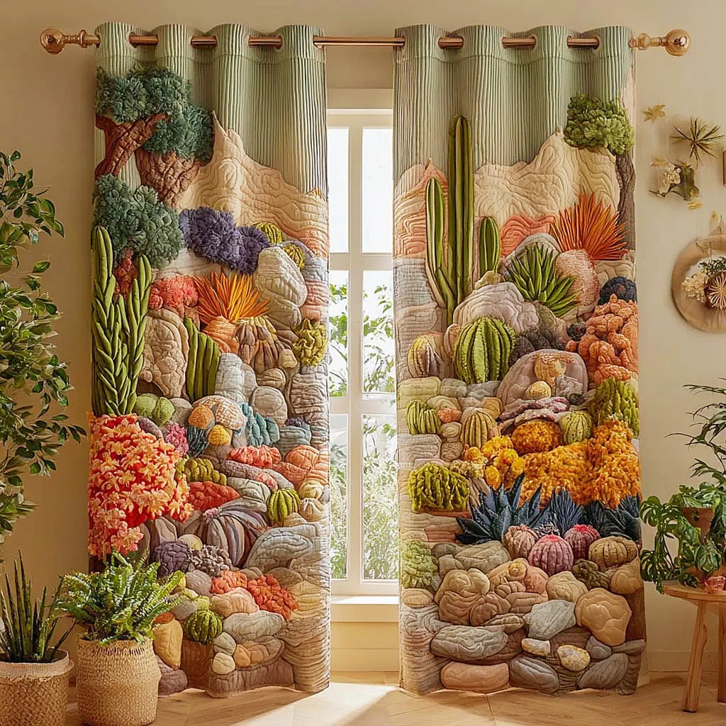 Vibrant Desert Cactus & Succulent Embroidered Knitwear Quilted Curtains