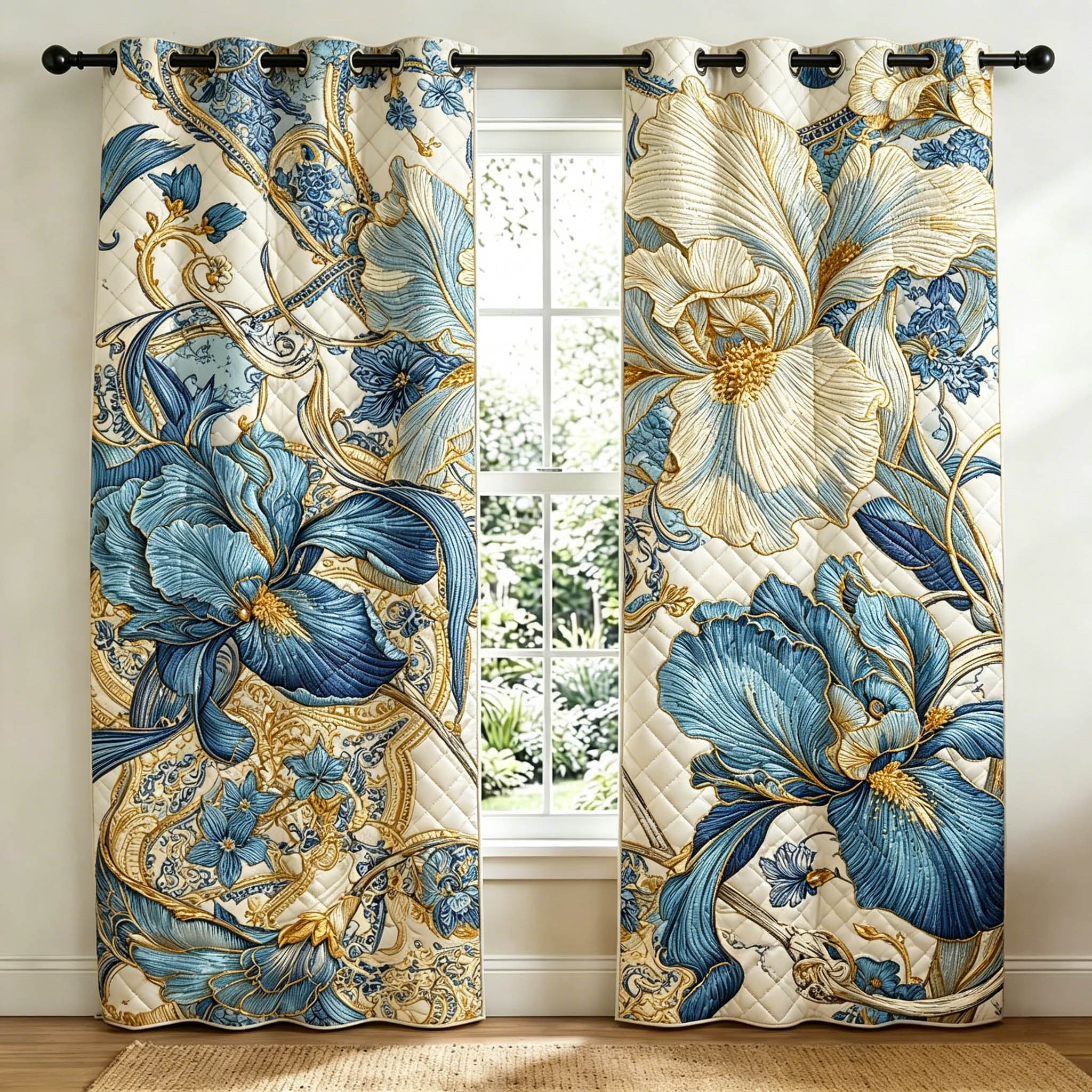 Majestic Blue Iris Garden Embroidered Knitwear Quilting Curtains