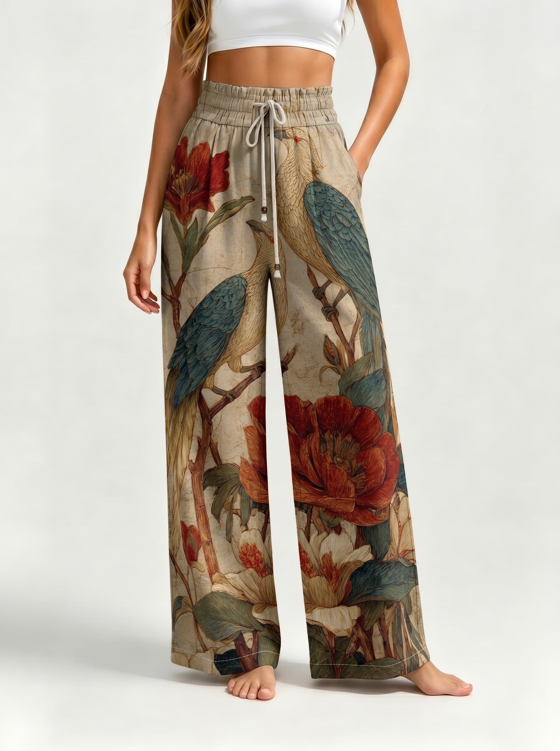 Antique Pheasant Peony Illustration Drawstring Wide Leg Trousers